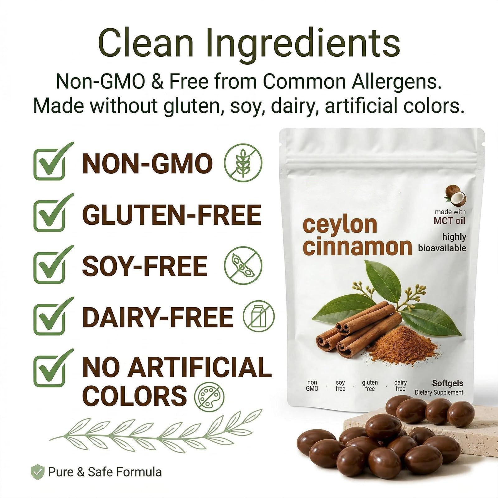 Dietary True Ceylon Cinnamon Softgels with MCT Oil 300 Count Elorita Supplement