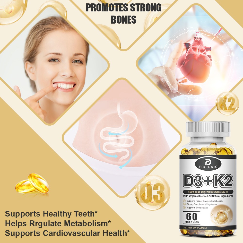 Vitamin D3 K2 60 Capsules Bone Muscle Immune Support Supplement