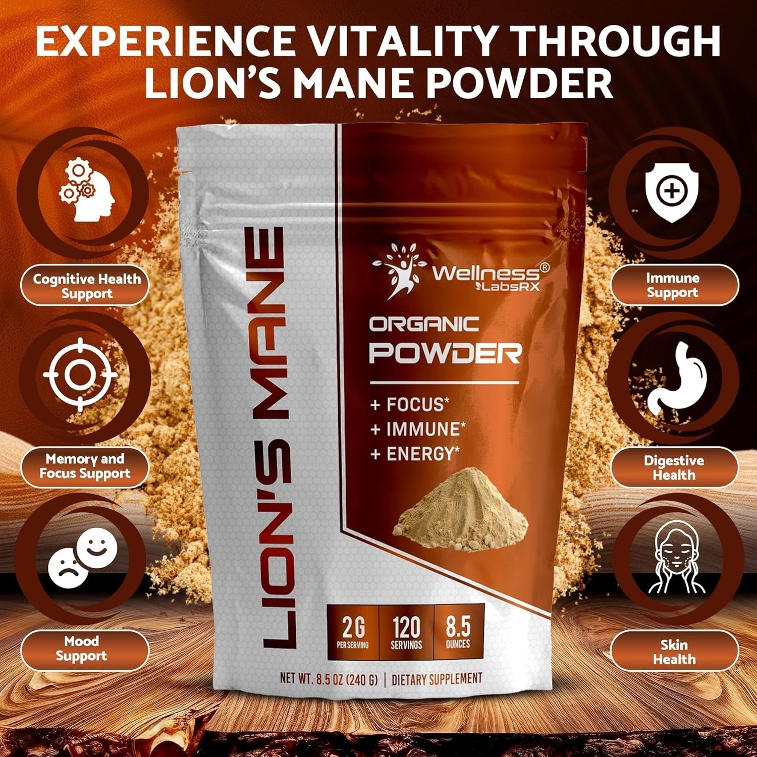 Lions Mane Powder 2000mg | Brain & Immune Support | 120 Servings Vegan, Non-GMO