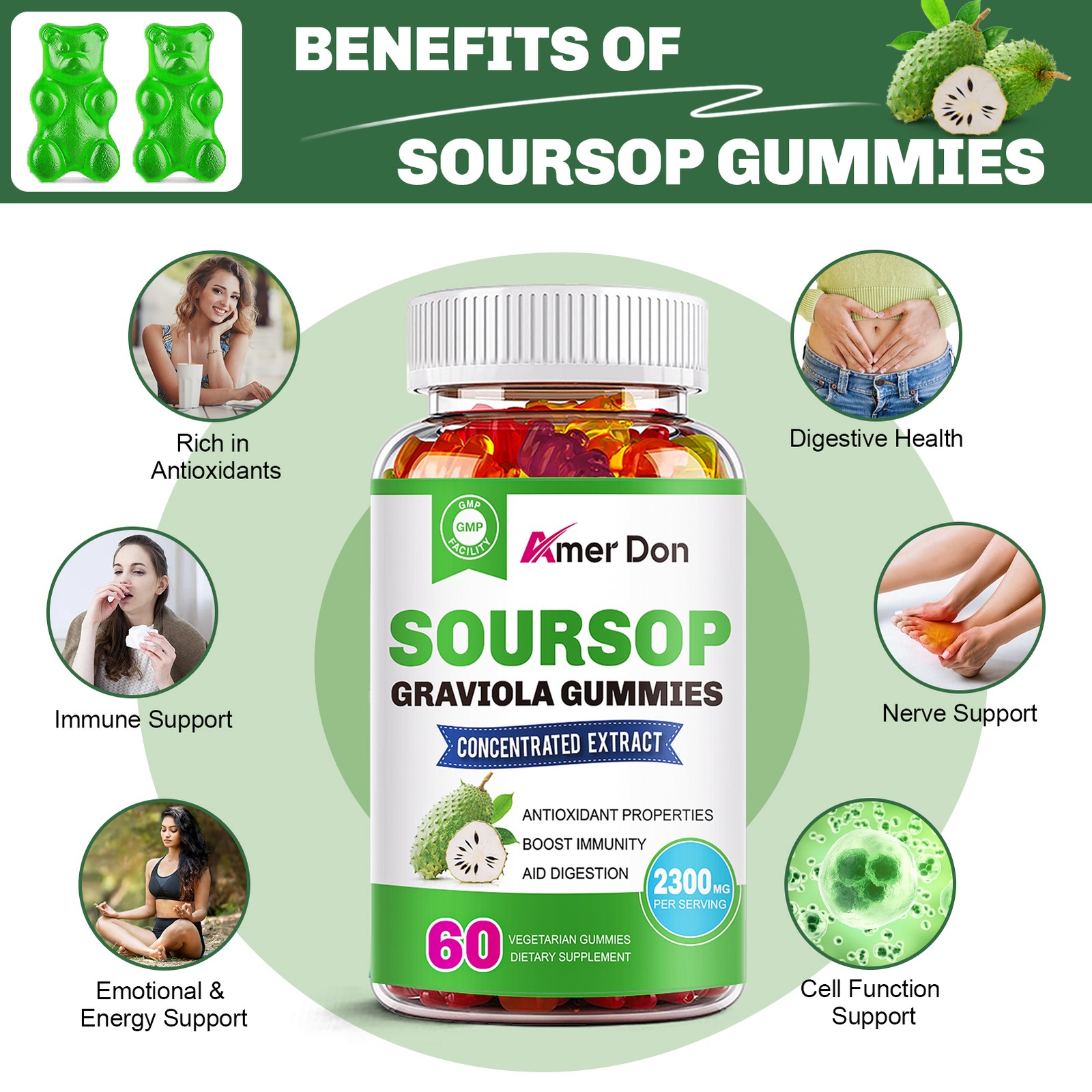 Graviola Capsules 2300mg Pure Natural Soursop Capsules Leaves fruit 60 Gummies