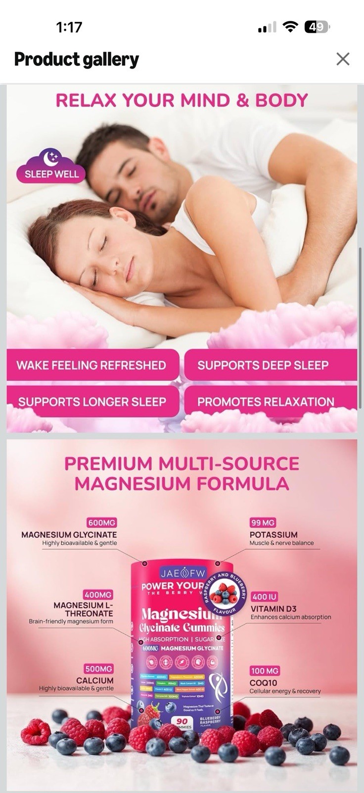 JAEFW Magnesium Glycinate Gummies 600mg Sugar-Free Vegan Blueberry Raspberry 90