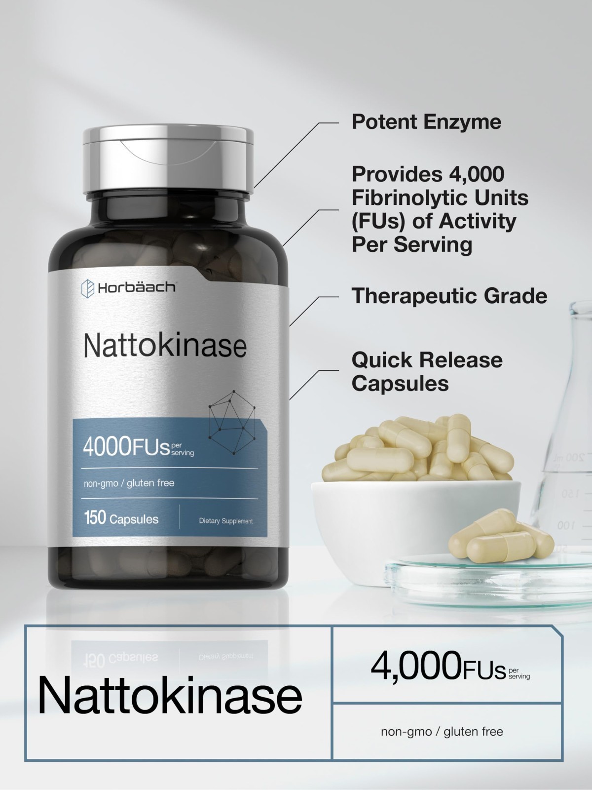 Nattokinase 4000 FU Supplement | 150 Non-GMO Gluten-Free Capsules for Heart Heal