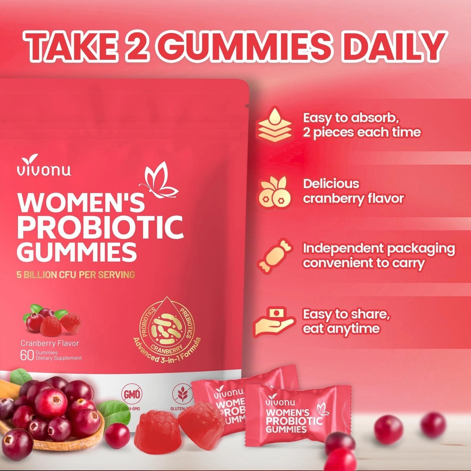 Cranberry Probiotic Gummies for Women – Vaginal&Immune Health,No Sugar,60 Pieces