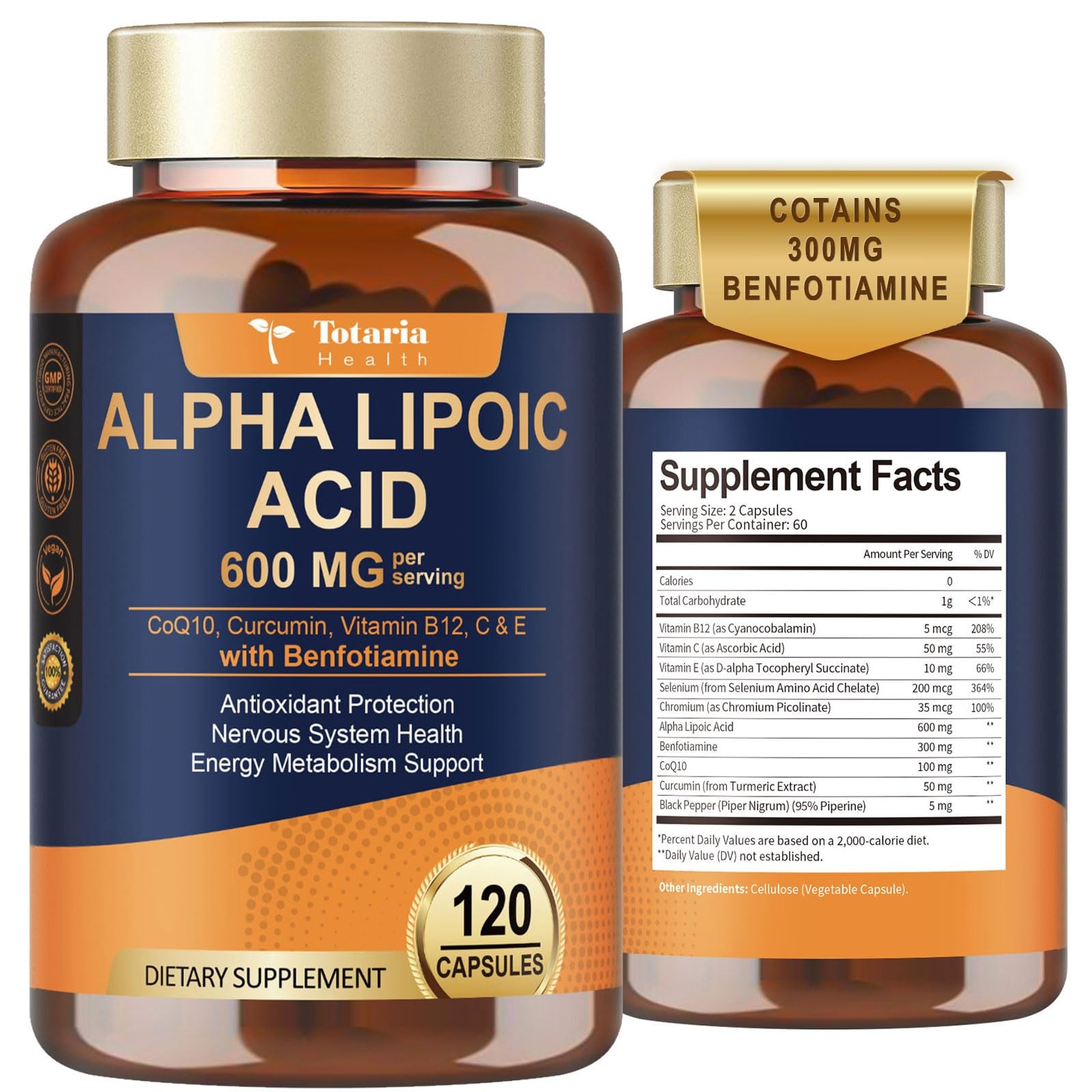 Alpha Lipoic Acid 600mg with Benfotiamine 300mg 120 Count (Pack of 1),