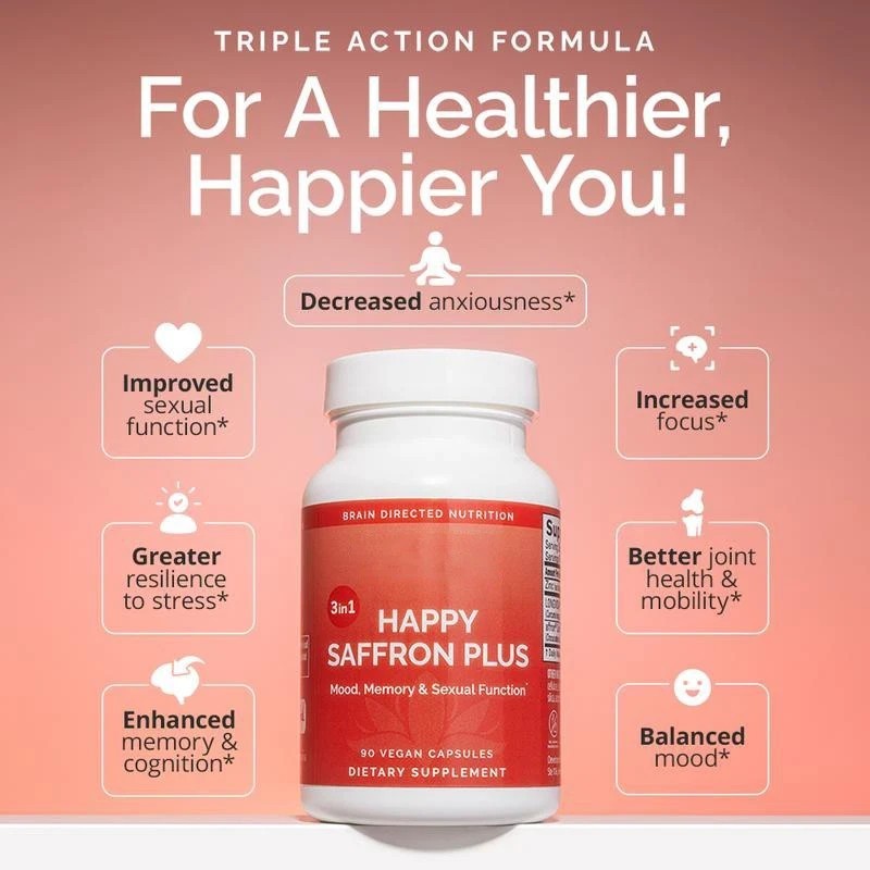 1 PACK Happy Saffron Plus 90 Capsules – Saffron Flower Extract, Curcumin & Zinc