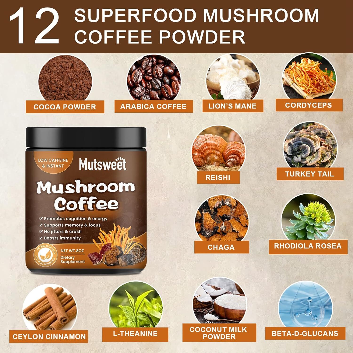 Organic Instant Coffee Powder Mushroom Coffee 227GBrain& Memory Focus Boost