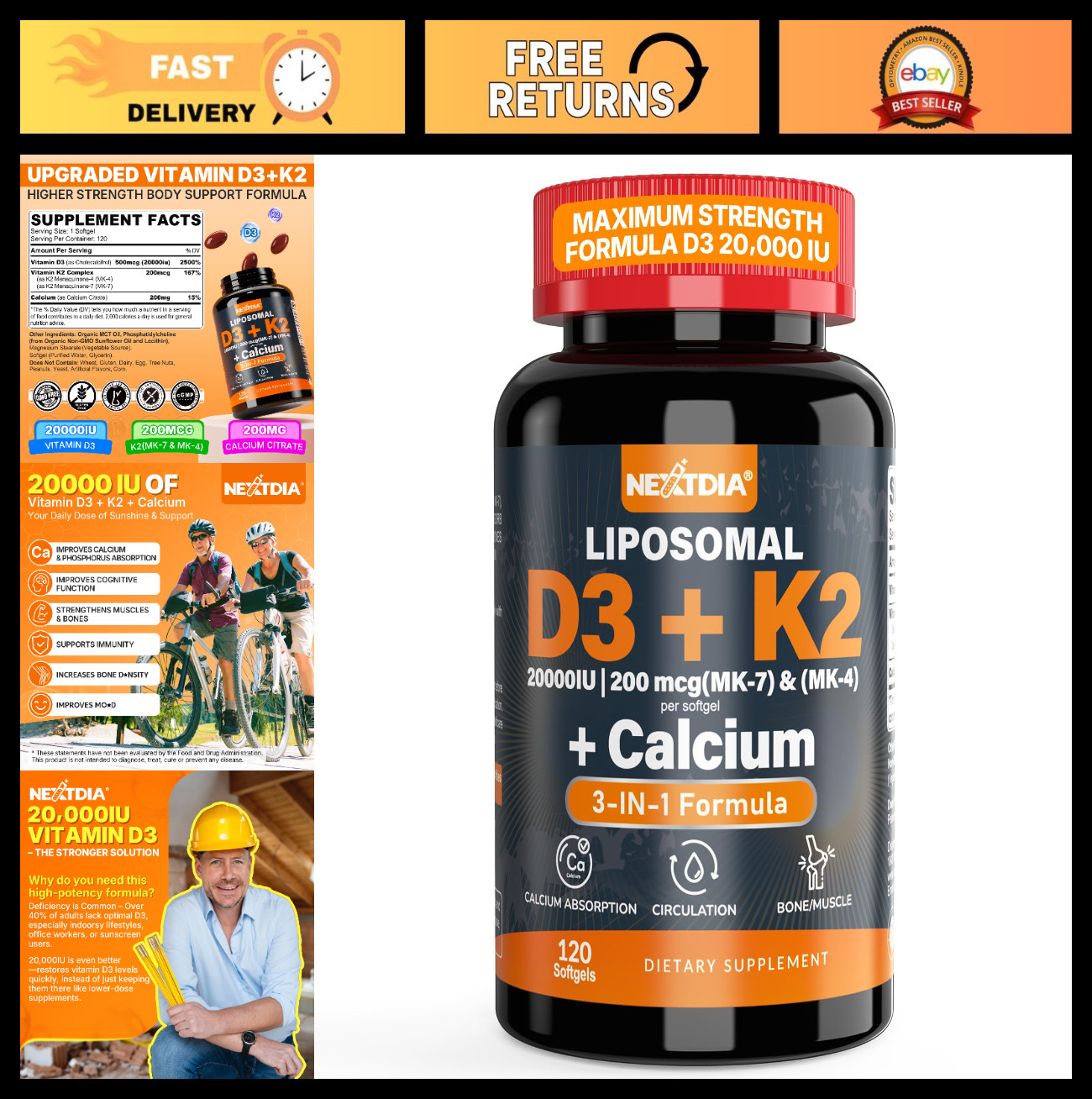 High-Potency Vitamin D3 20,000 IU + K2 200mcg + Calcium Citrate Softgels – Bone