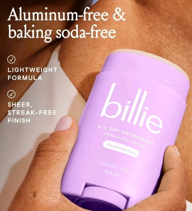 Billie All Day Deodorant, 24-Hour Odor Protection, Aluminum-Free, Lavender Milk