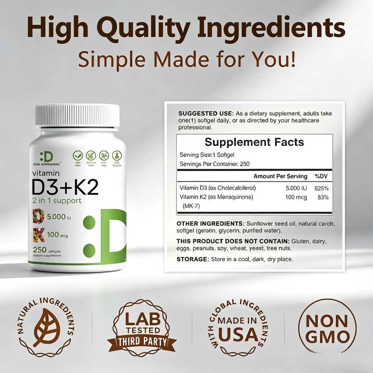 Vitamin D3 5000 IU & K2 100 mcg – 2-in-1,for Bone & Heart Health