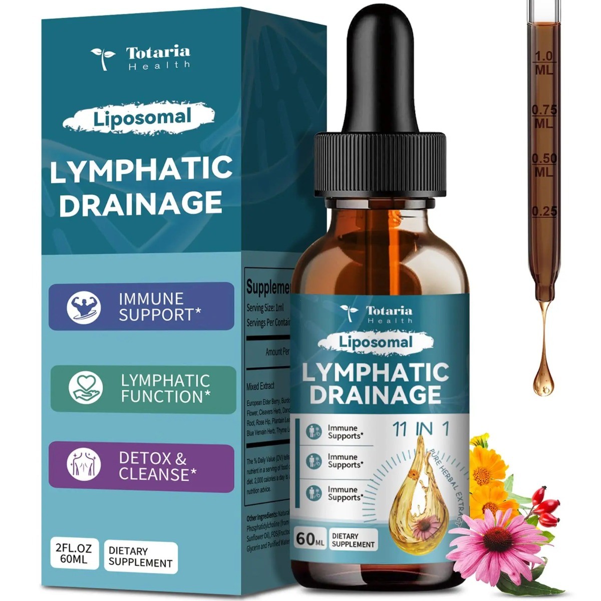 Totaria Liposomal Lymphatic Drainage Drops 11-in-1 Herbal Lymph Support 60ml