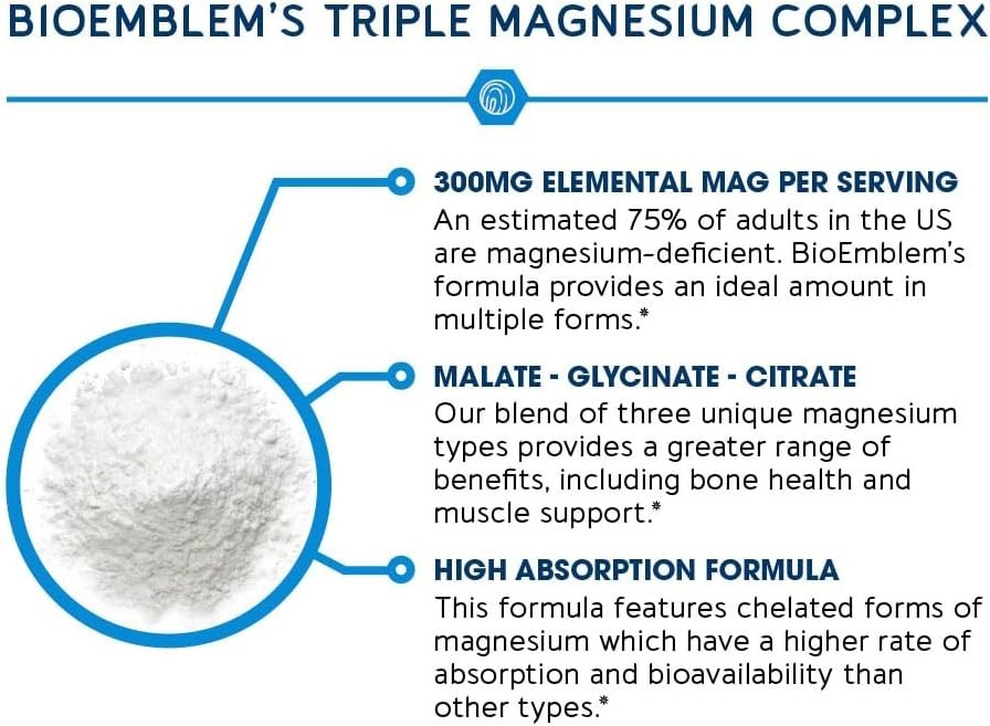 BioEmblem Triple Magnesium Complex 300mg – Glycinate Malate Citrate, 90 Caps