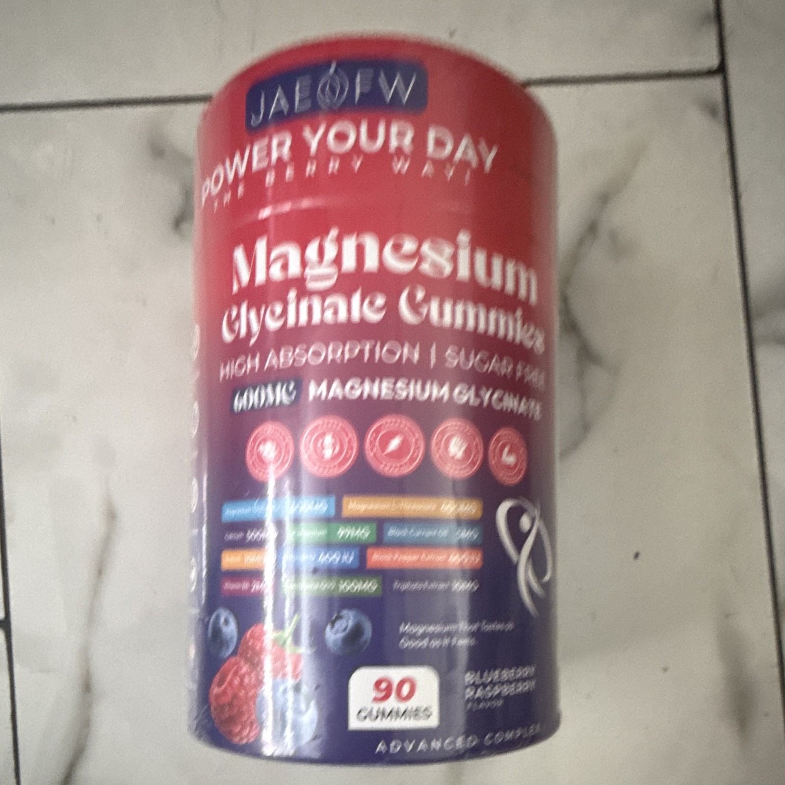 JAEFW Magnesium Glycinate Gummies 600mg Sugar-Free Vegan Blueberry Raspberry 90