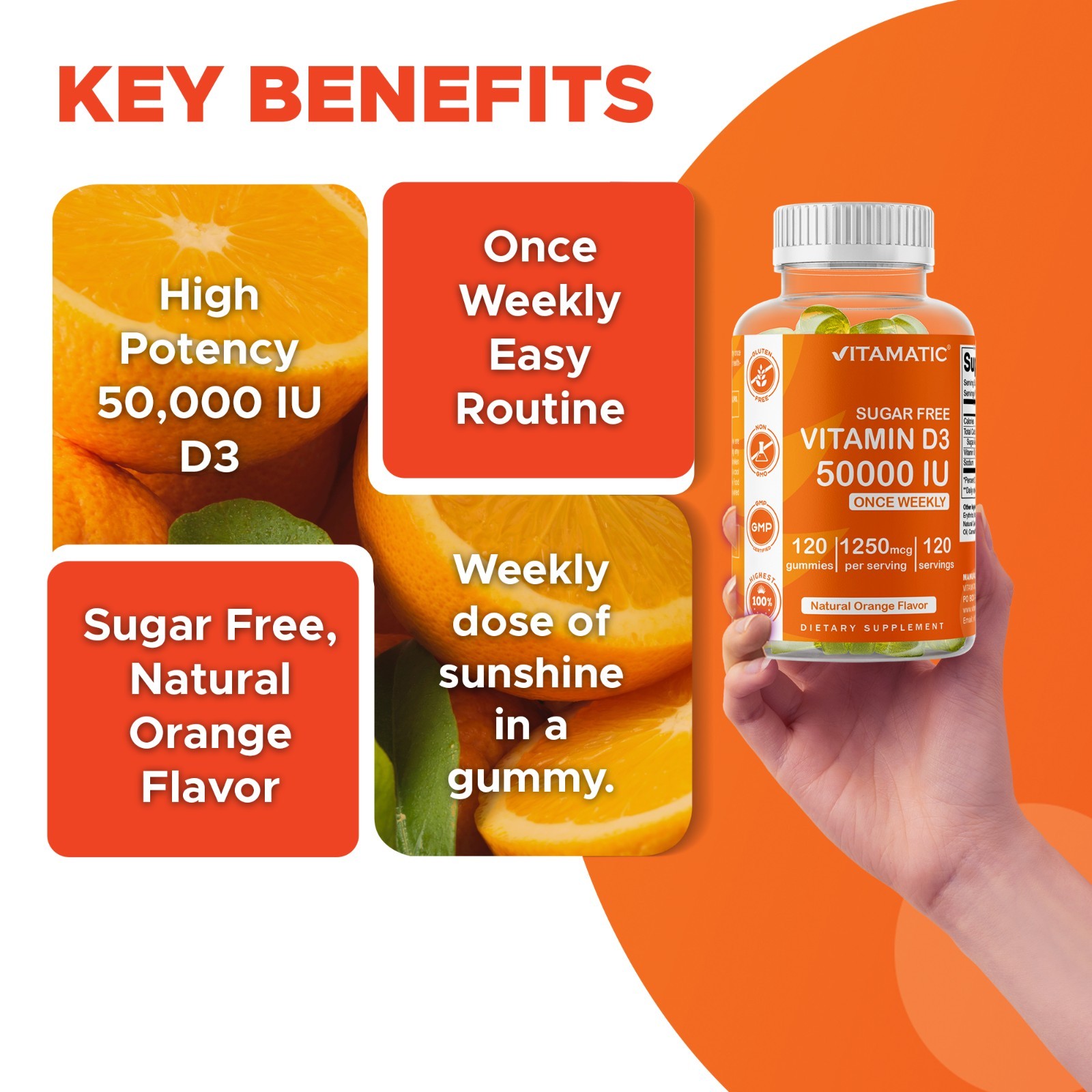 Vitamatic Sugar Free Vitamin D3 (50,000 IU) – 120 Pectin Based Gummies.