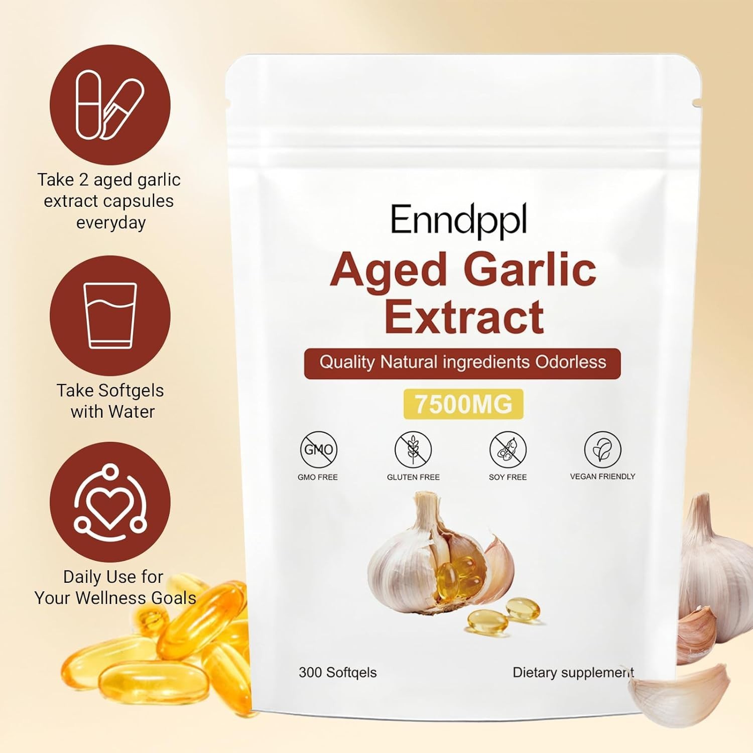 Odorless Garlic 7500mg Per Servings, 300 Softgels | 2 Years Aged Garlic Extra…
