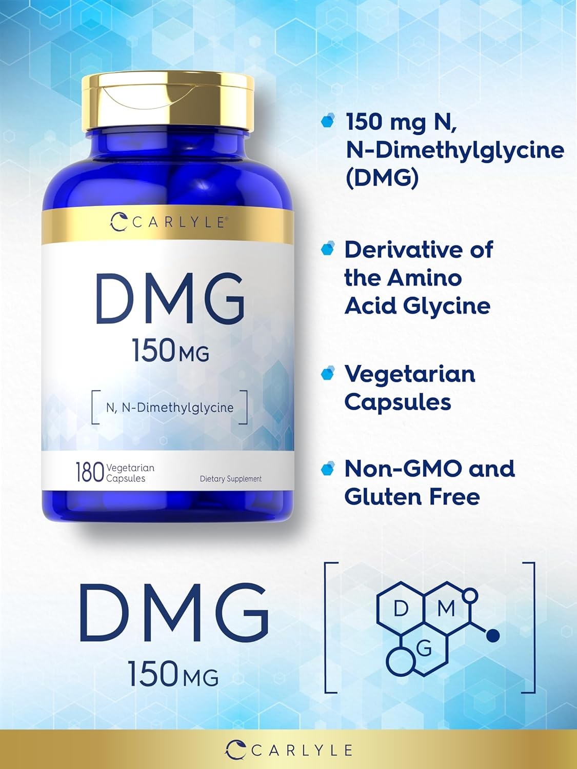 DMG N-Dimethylglycine | 150mg | 180 Capsules | Vegetarian, Non-GMO | by Carlyle