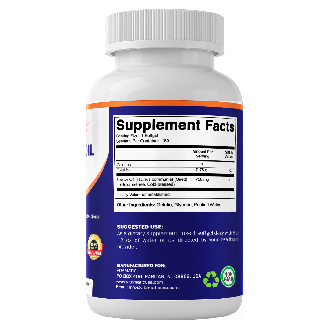 Vitamatic Castor Oil Softgels 750 mg | Cold Pressed | 180 Softgels
