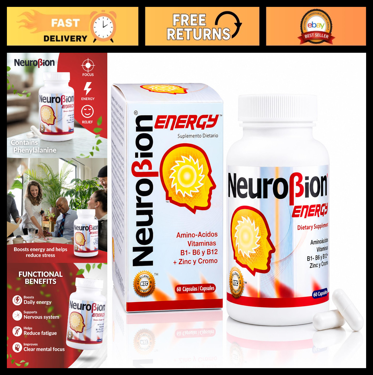 60 Caps Neurobion Energy – Amino Acids & Vitamins B1 B2 B6 B12 – Boost Brain Ale
