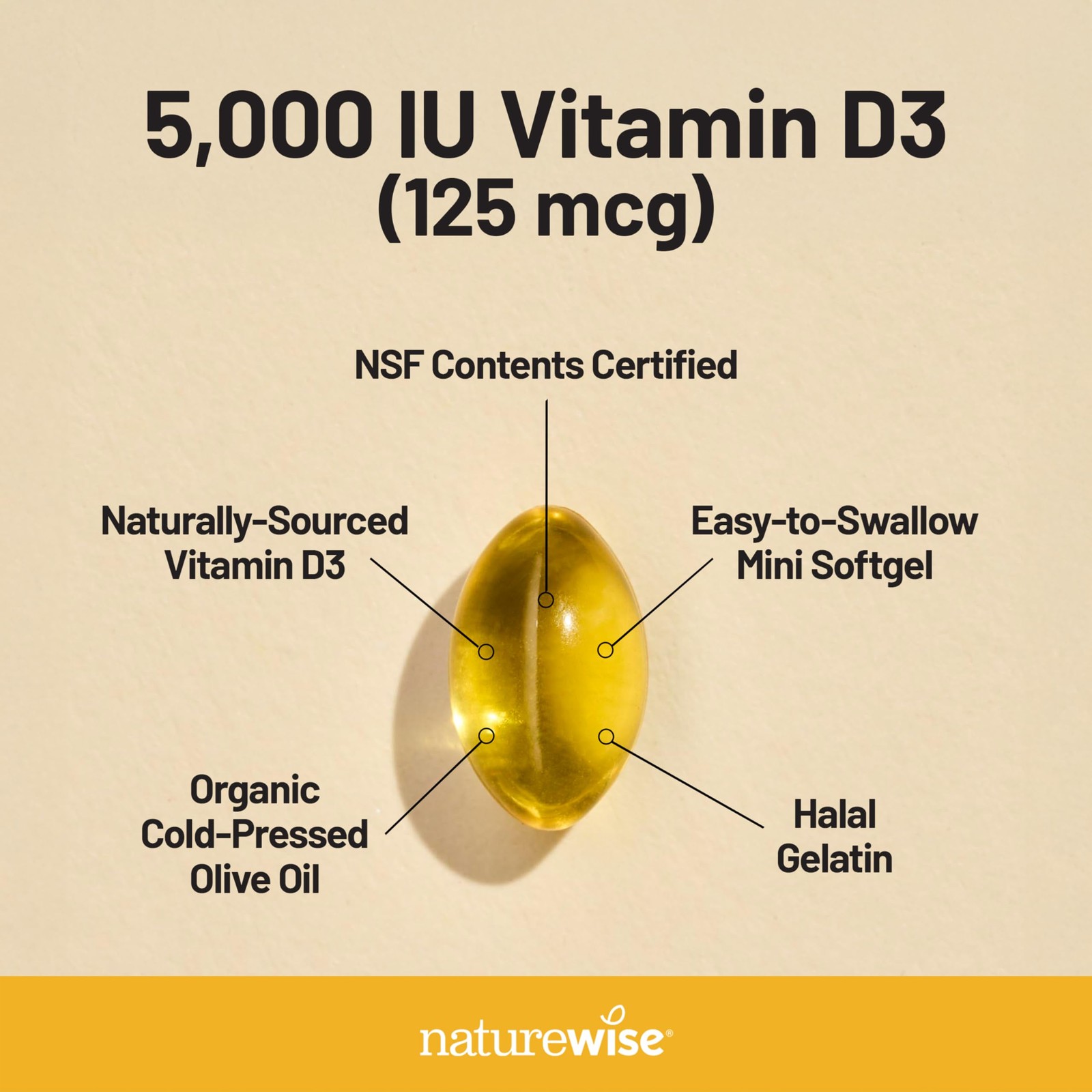 NatureWise Vitamin D3 5000iu (125 mcg) 1 Year 360 Count (Pack of 1), Yellow