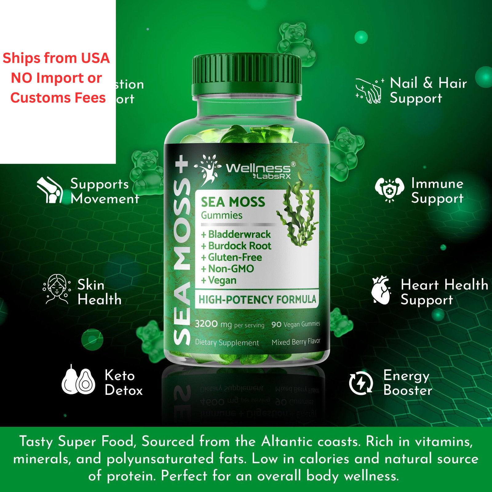 WELLNESS LABSRX Sea Moss Gummies, 3200mg Irish 90 Count (Pack of 1)