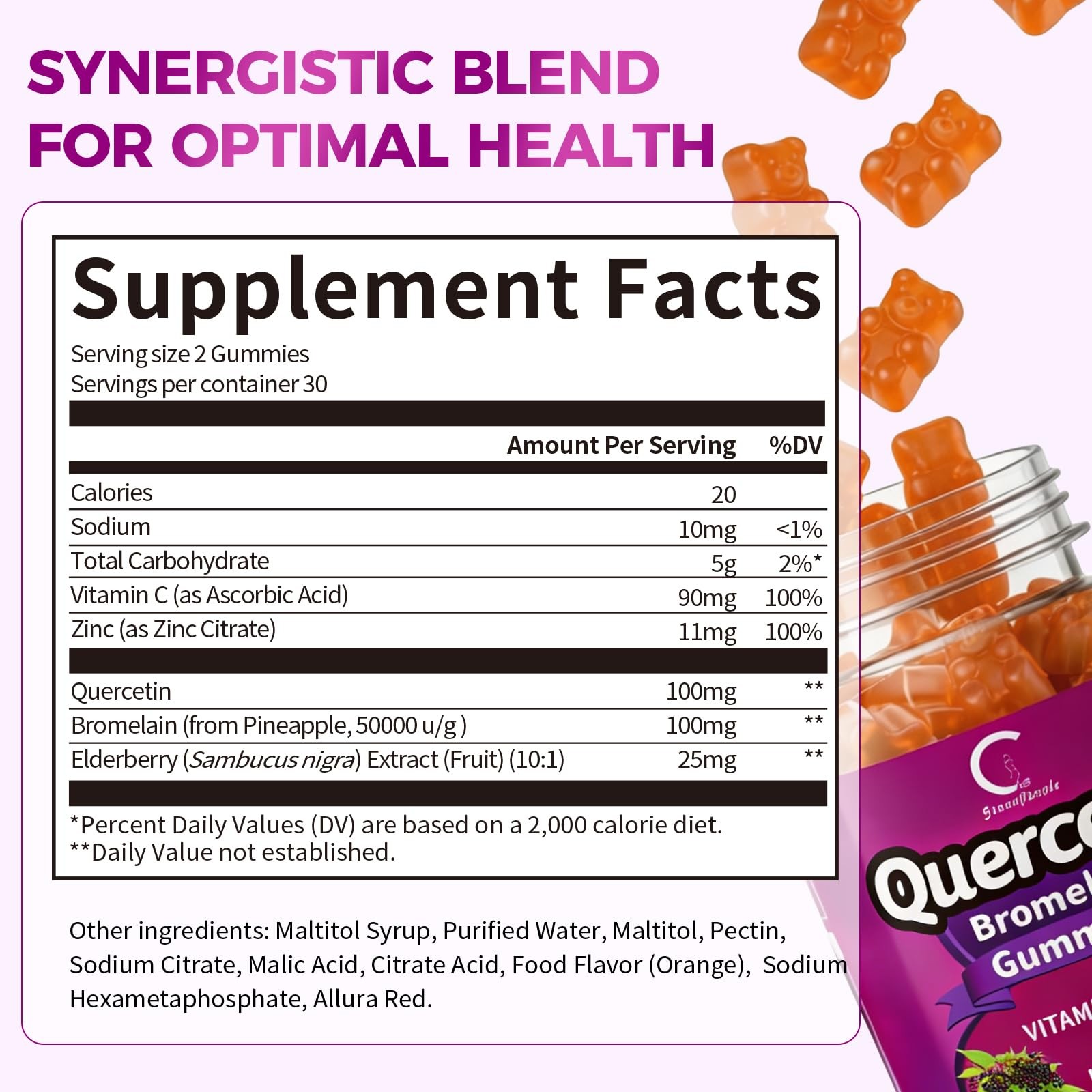 Quercetin Gummies, Quercetin with Bromelain, Vitamin C, Zinc & Elderberry, Hi…
