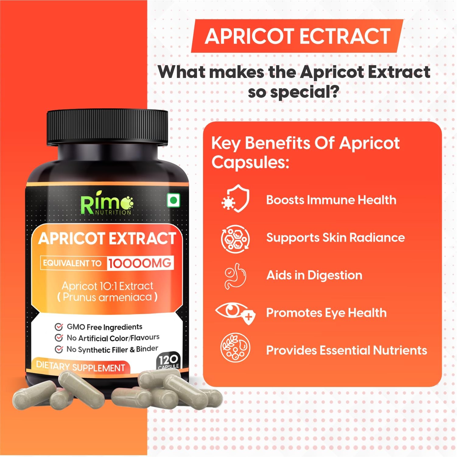 Rimo Nutrition Apricot Capsules (120 Capsules) (Pack of 120 Count 1)