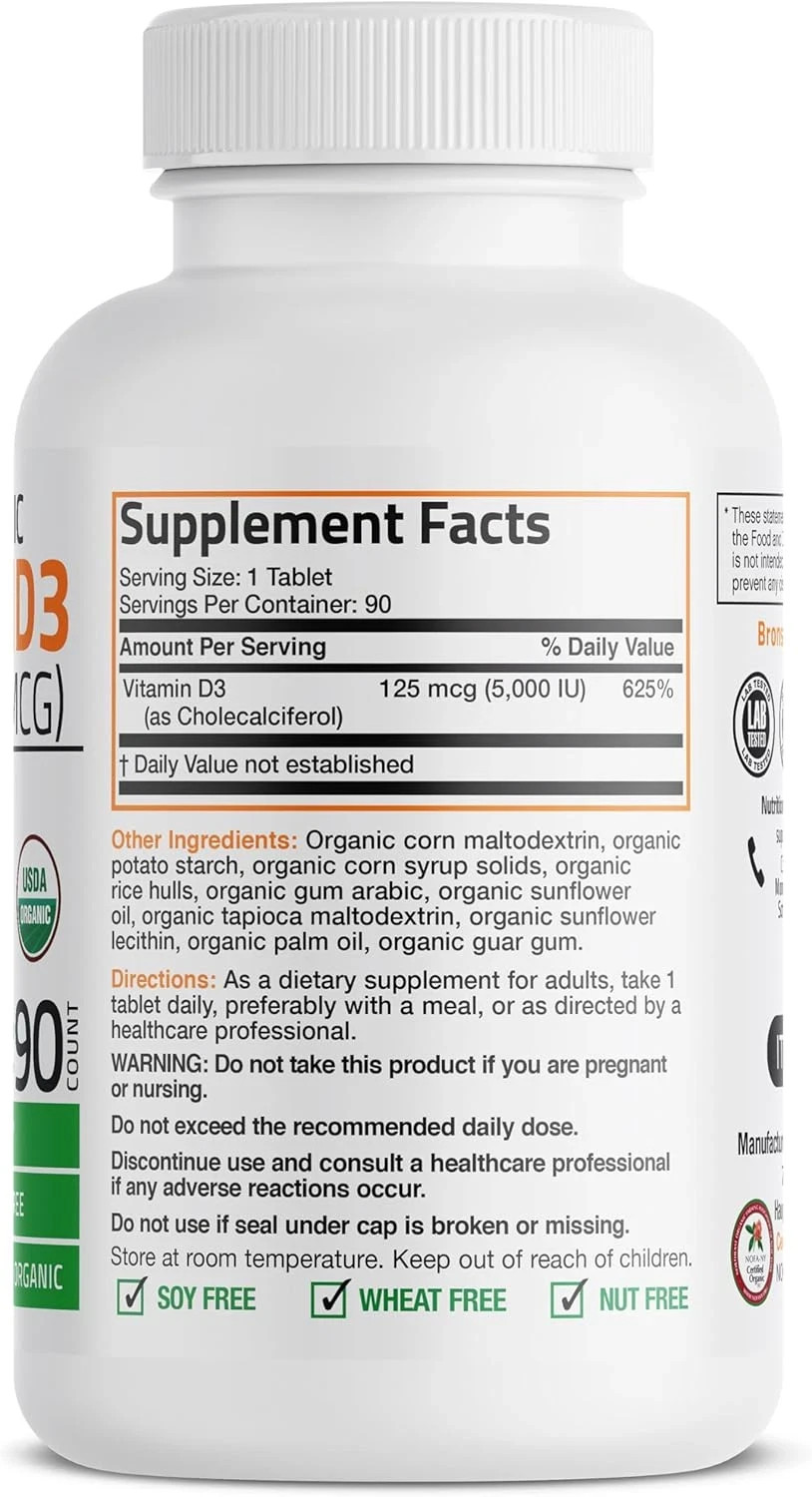 Bronson Vitamin D3 5000 IU Certified Organic Vitamin D Supplement 125mcg Tablets
