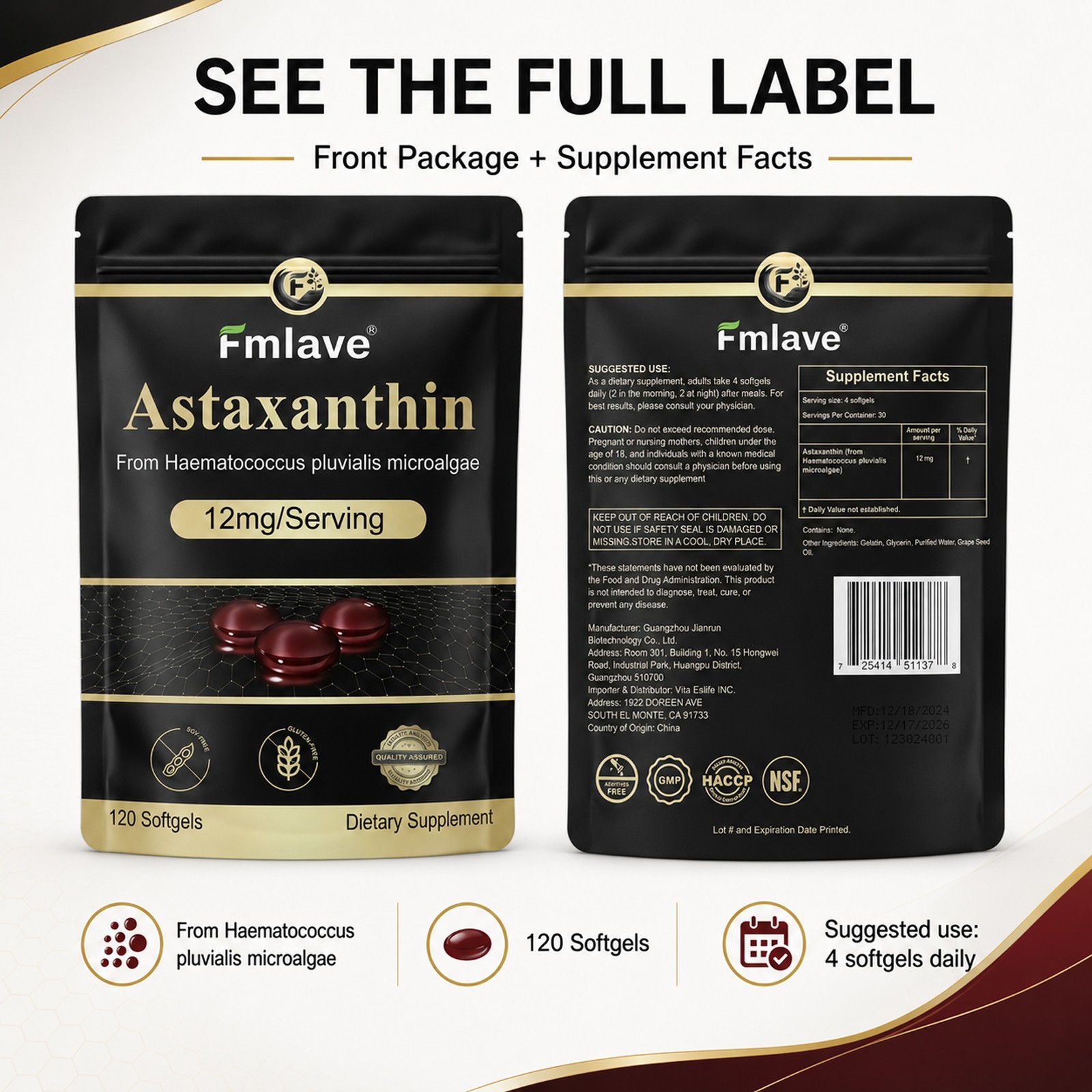 Astaxanthin Supplement from Algae Antioxidant Activity, Skin & Eye Health 120 ct