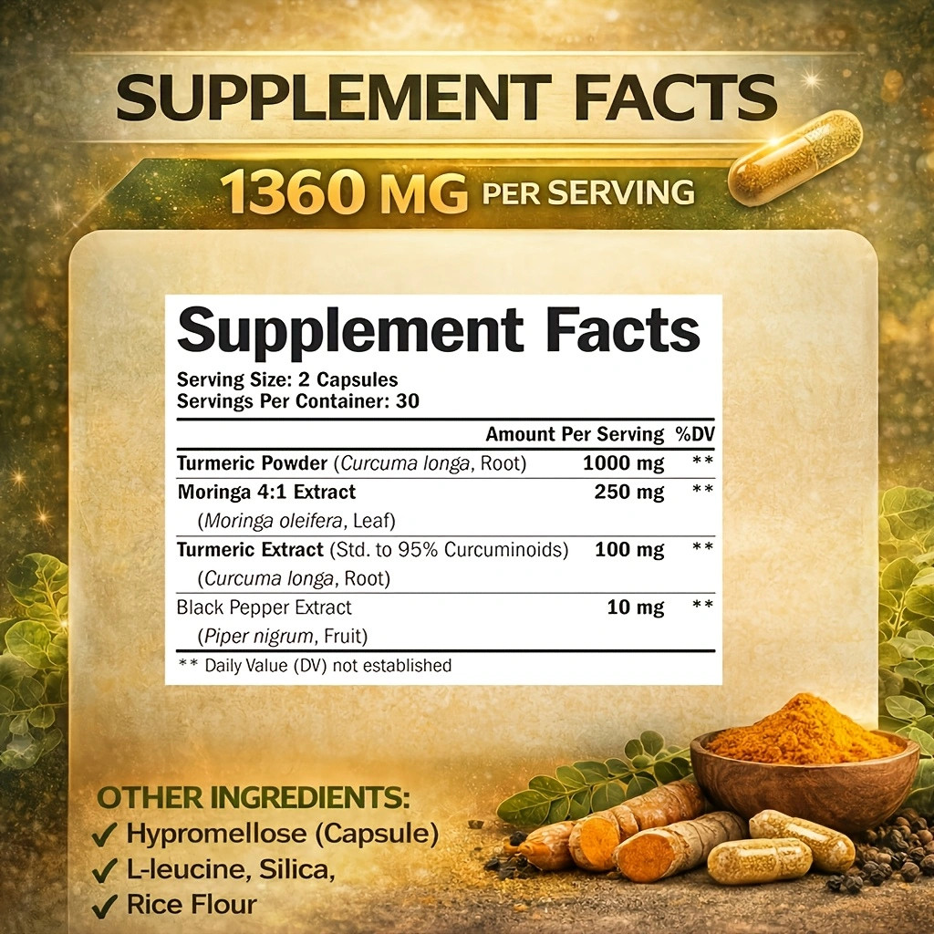 Moringa + Turmeric Curcumin Supplement for Gut Health, Energy – 60 Capsules