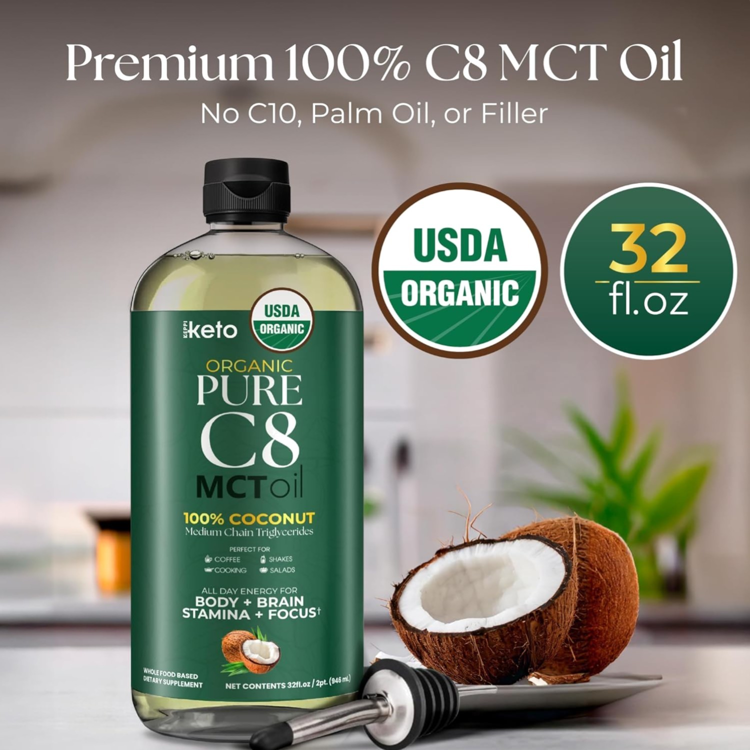 Keto Organic MCT Oil – Flavorless C8, Non-GMO, Certified Gluten-Free, Palm Oi…