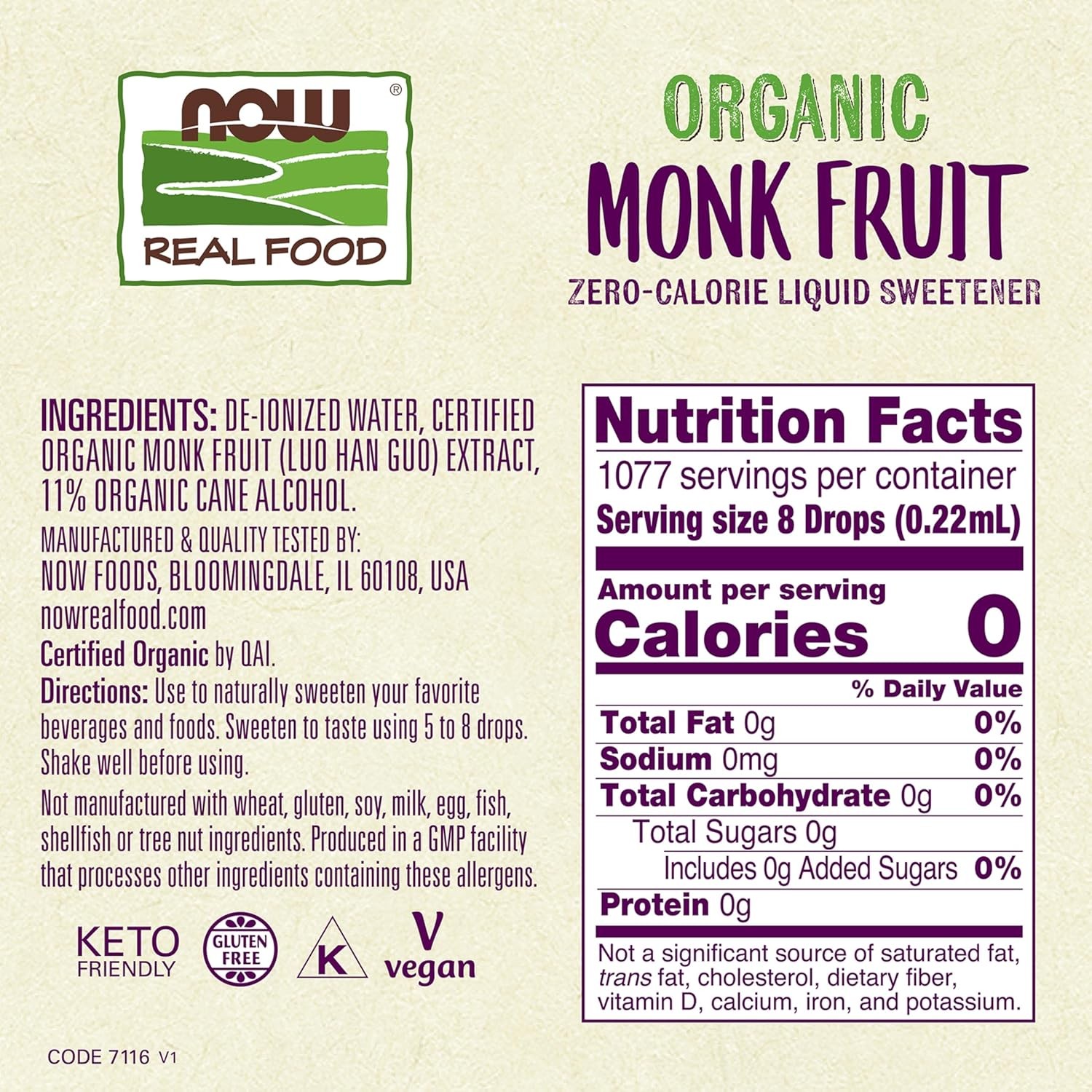 NOW Foods, Certified Organic Monk Fruit Liquid, 8 Ounce (Pack of 1)