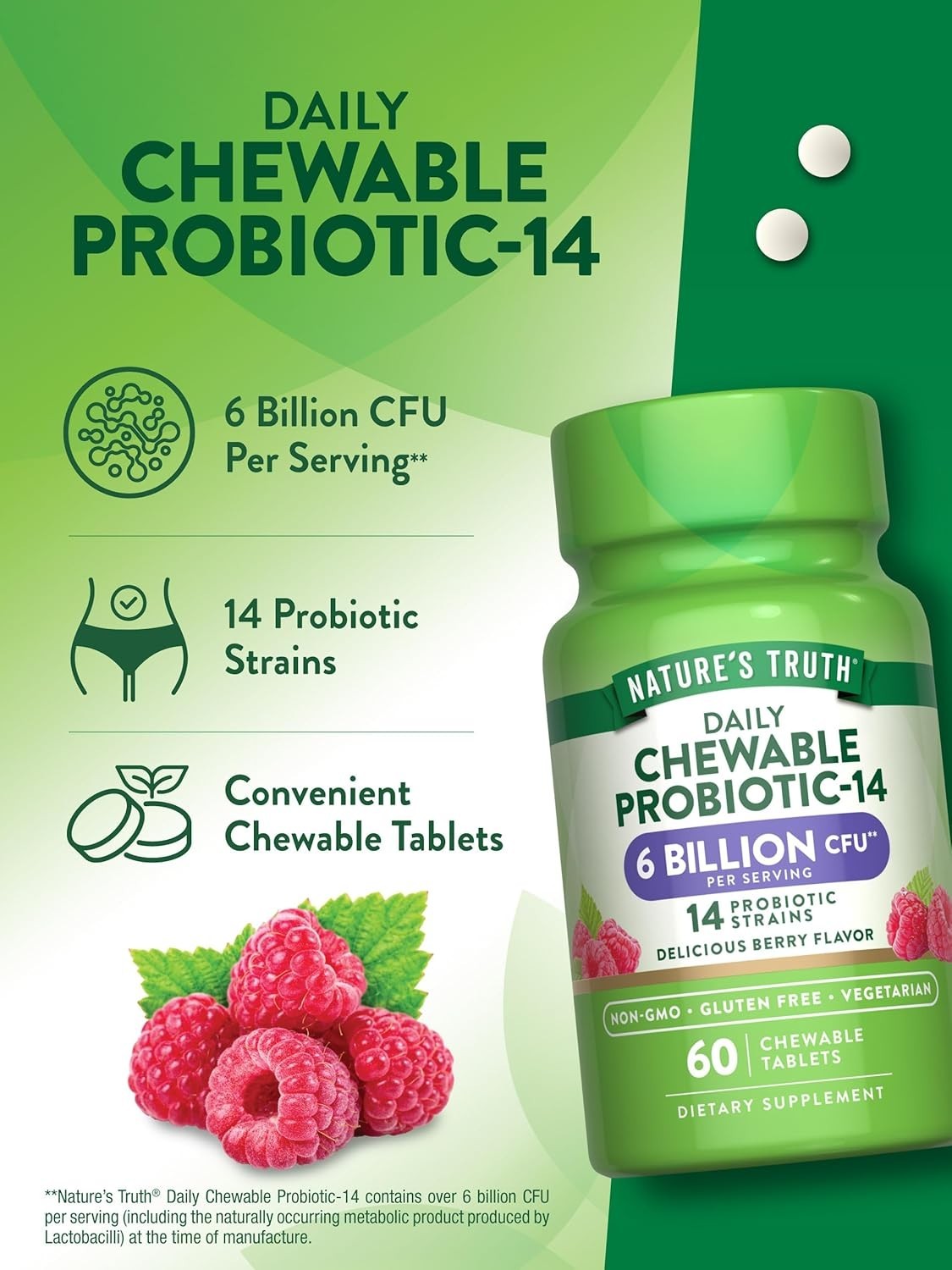 2 Pack Natures Truth Daily Chewable Probiotic-14 ( 6 Billion CFU ) total 120 tab