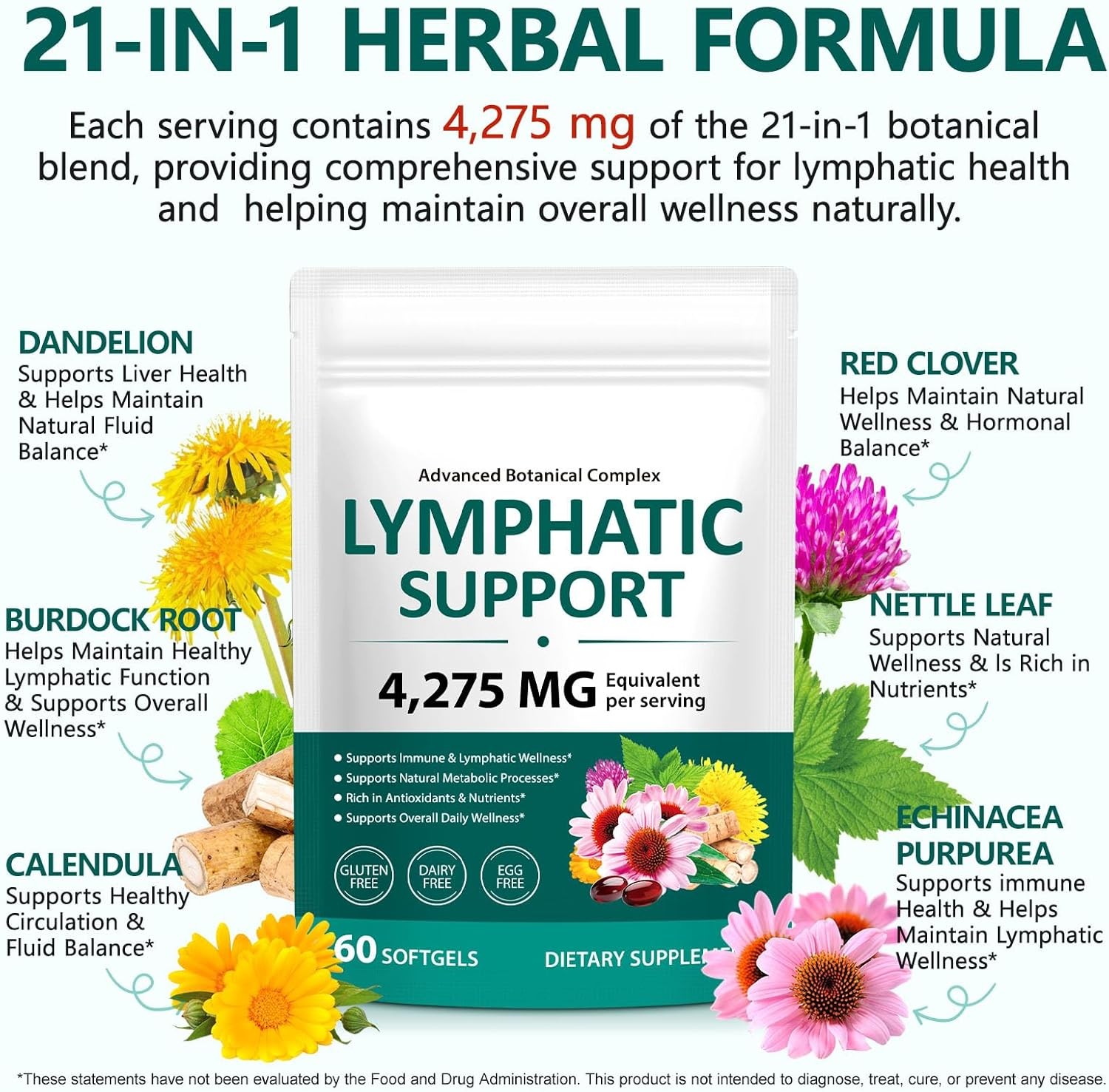 Lymphatic Drainage Supplements, Herbal 4275mg Lymph System Support Supplement fo