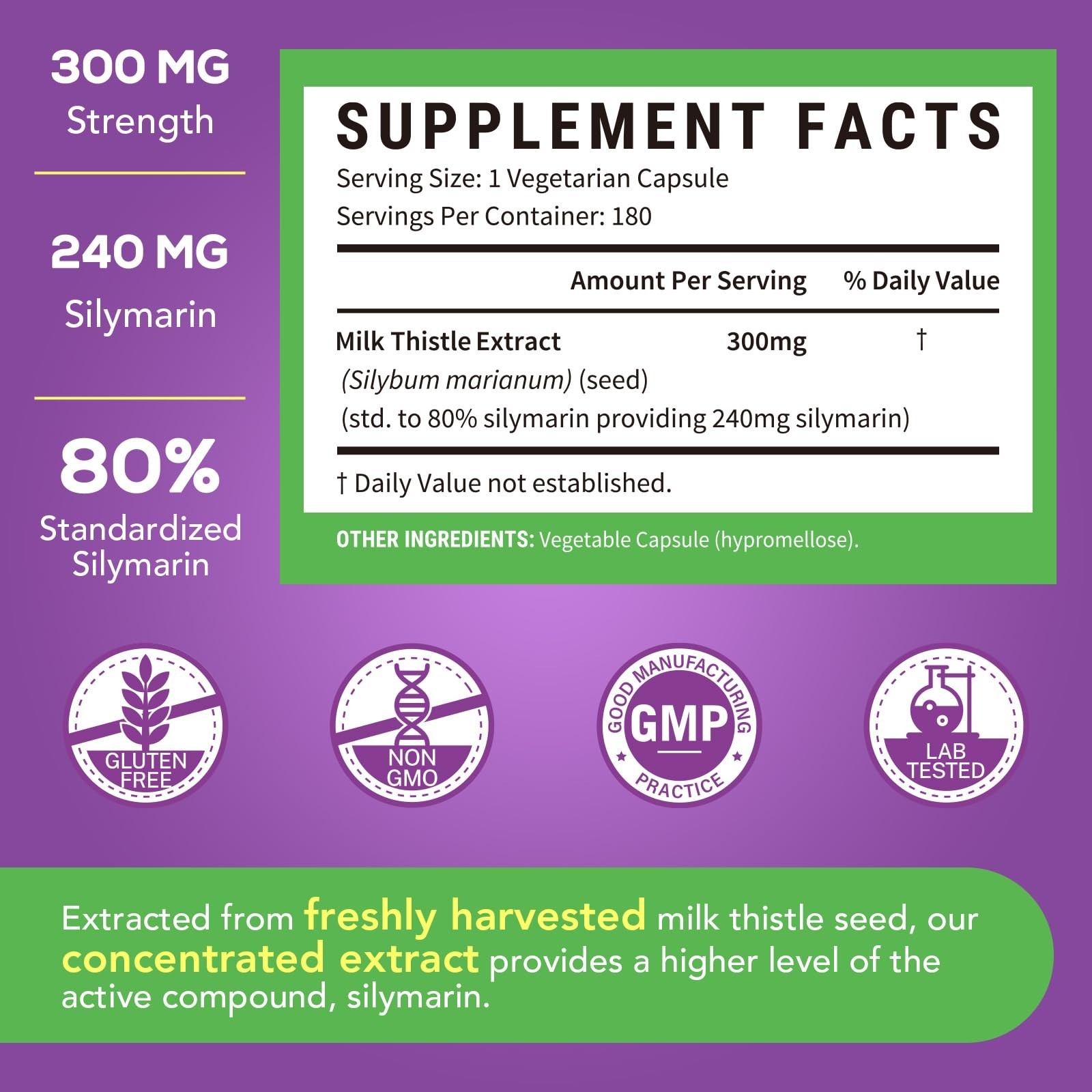 Milk Thistle 300mg Extract, 80% Silymarin, Liver Detox Cleanse, 180 Veggie Caps