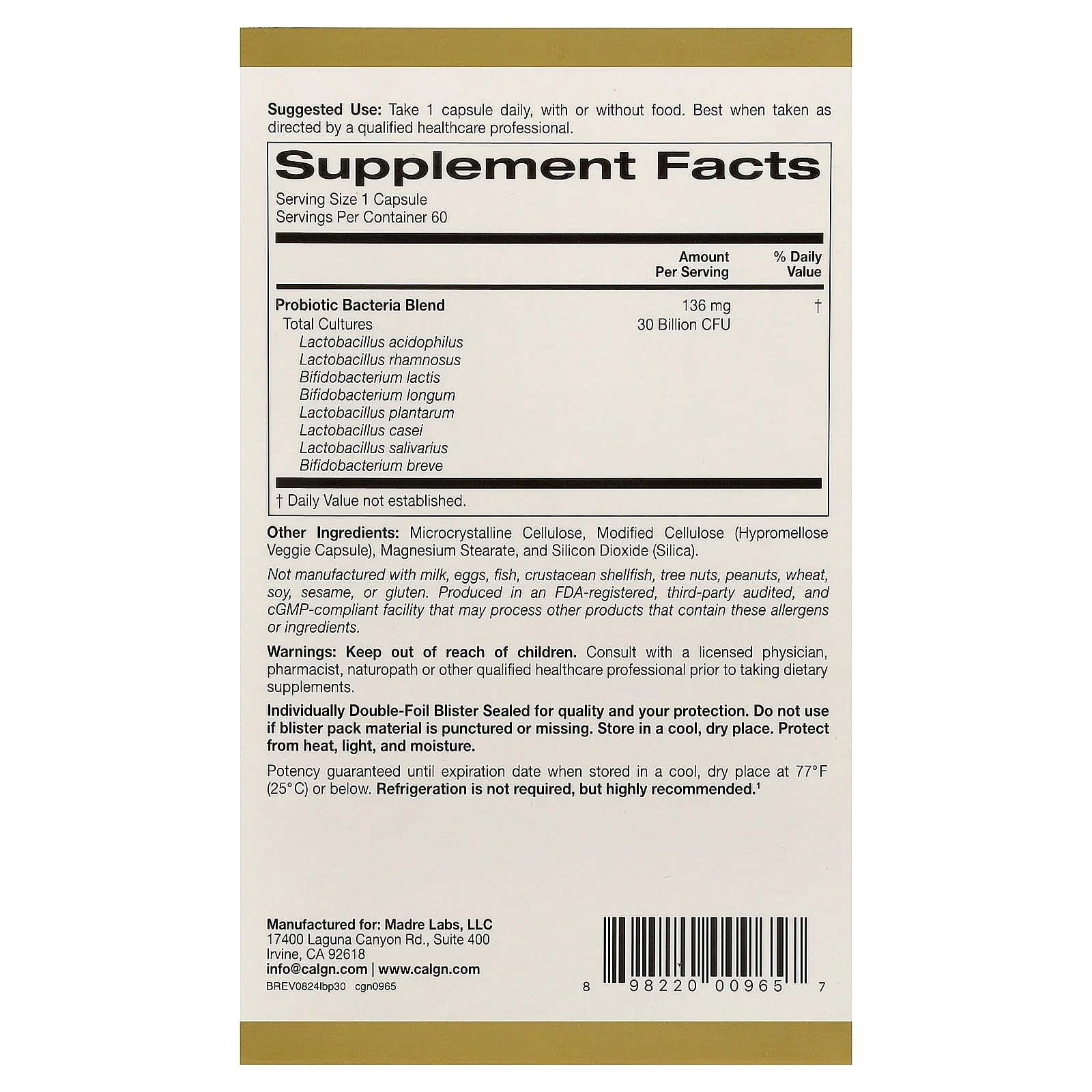 2 X California Gold Nutrition, LactoBif� 30 Probiotics, 30 Billion CFU, 60 Vegg