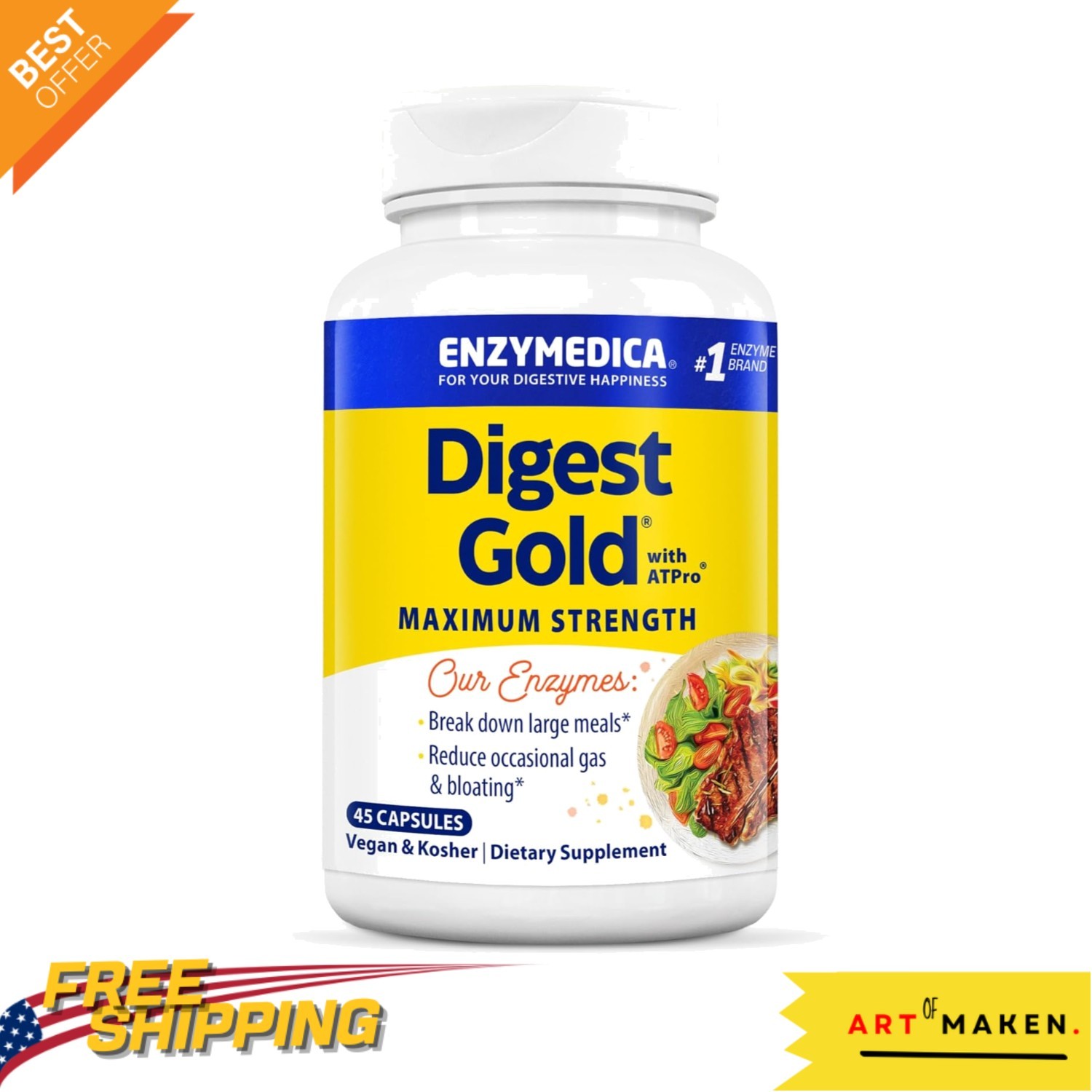 Bloat-Busting Digestive Enzymes with ATPro – Capsules for Energy, 45 Count