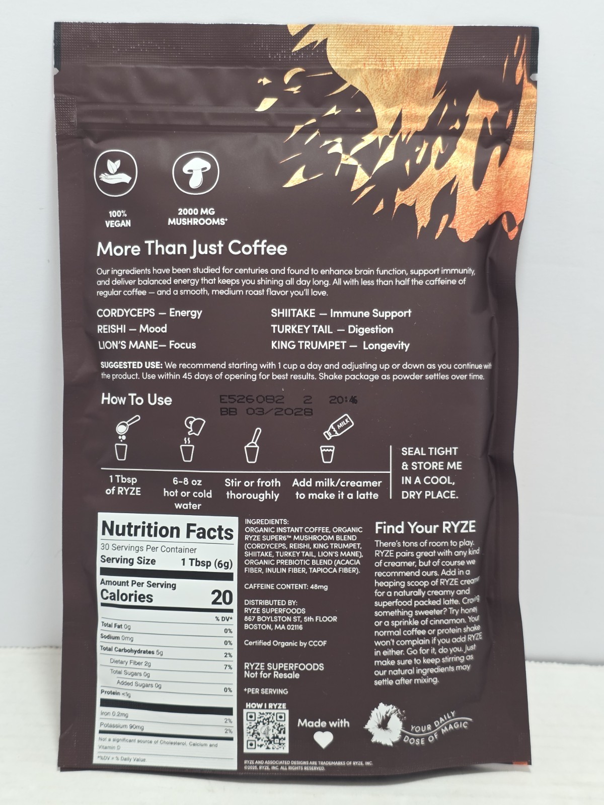 Organic RYZE Mushroom Coffee 30 Servings Ex. 03/2028
