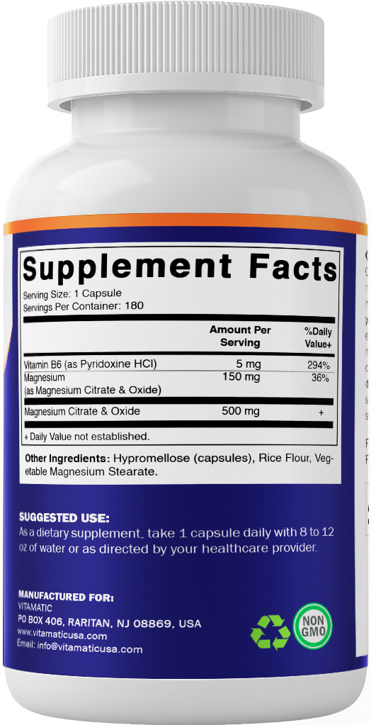 Vitamatic Magnesium Citrate 500mg per Serving – 180 Vegetarian Capsules (Provide