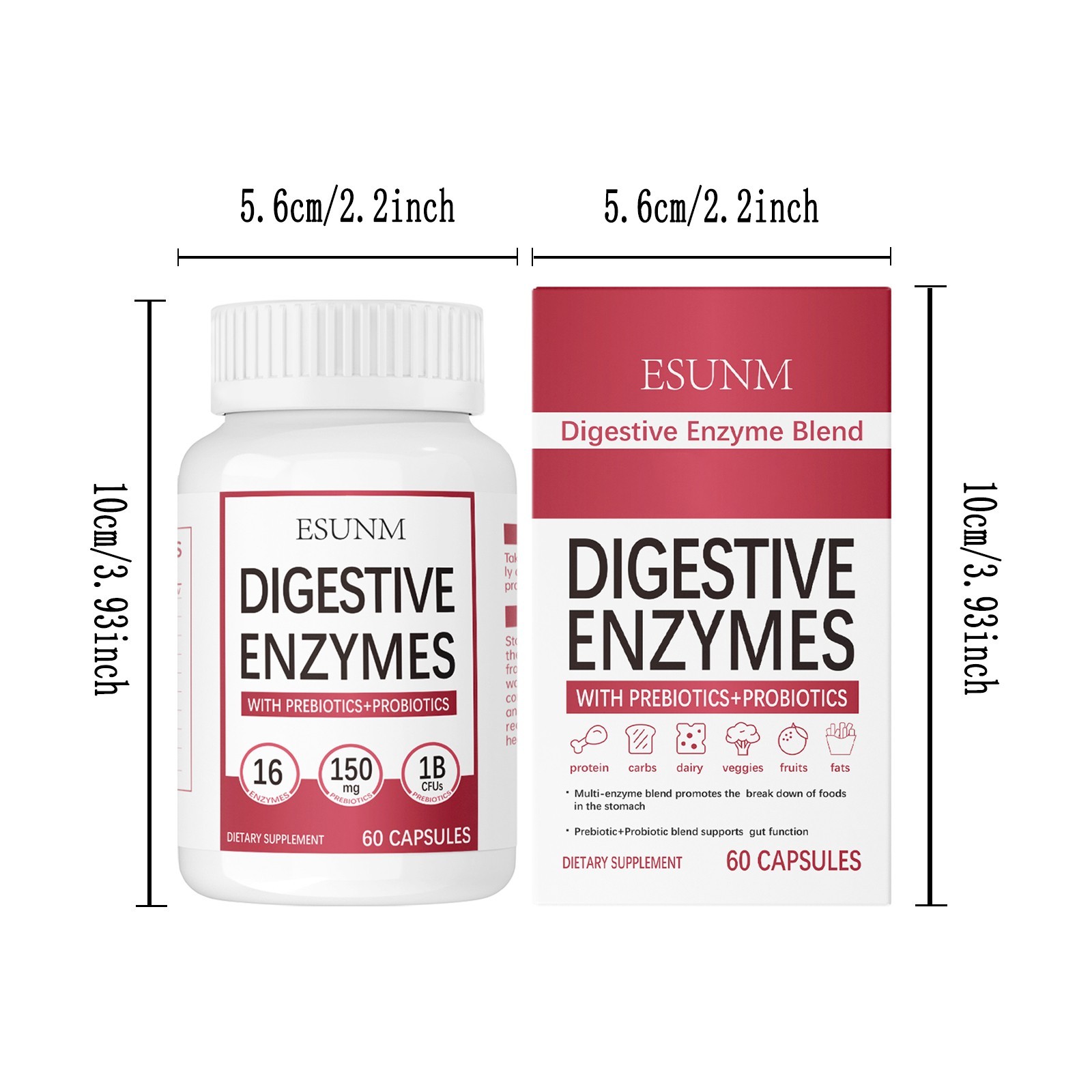 ESUNM Digestive Enzymes,With Prebiotics Probiotics,Dietary Supplement 60ct