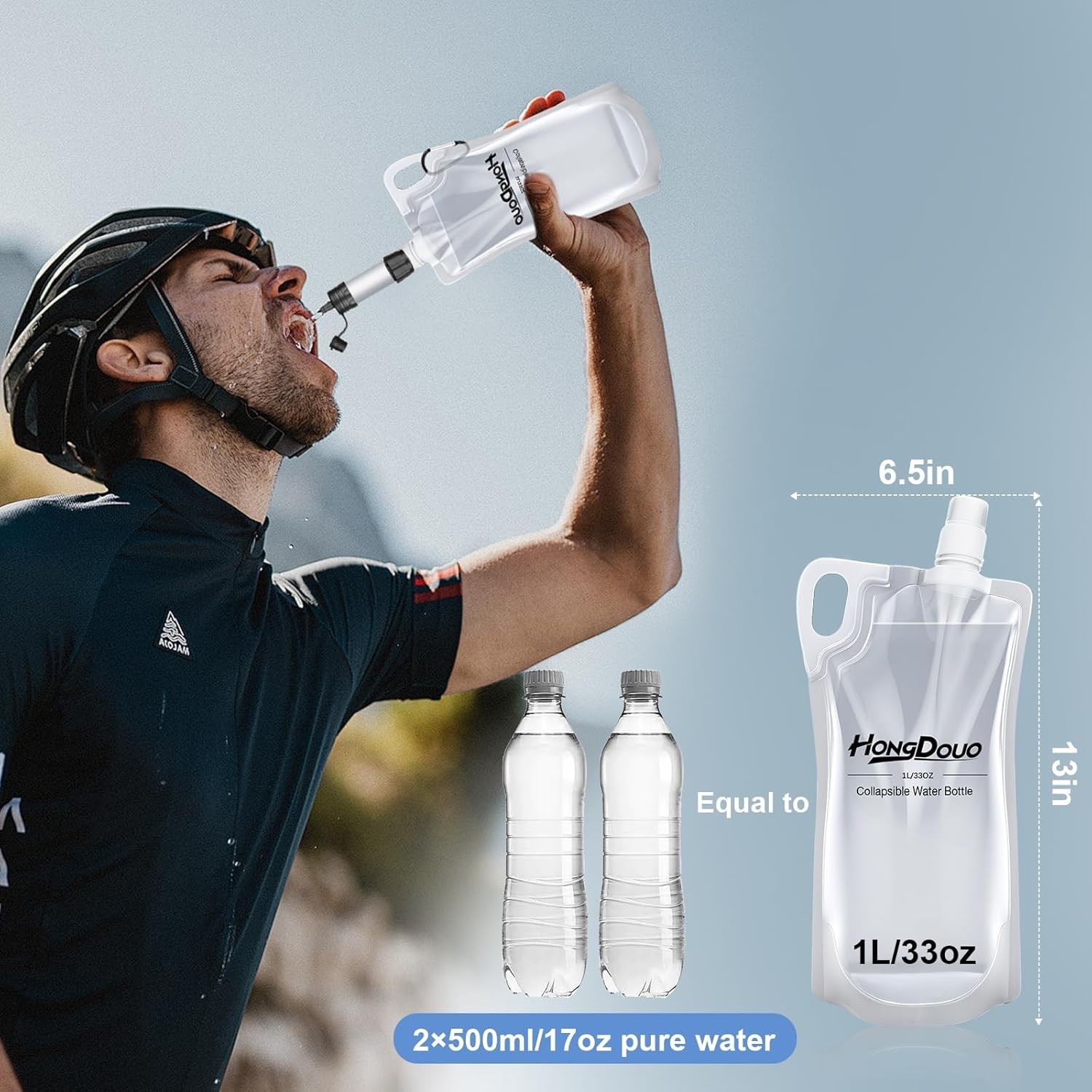 2 Pack Collapsible Water Bottles 1L Hiking Water Flasks 2L Total 33oz BPA-Free