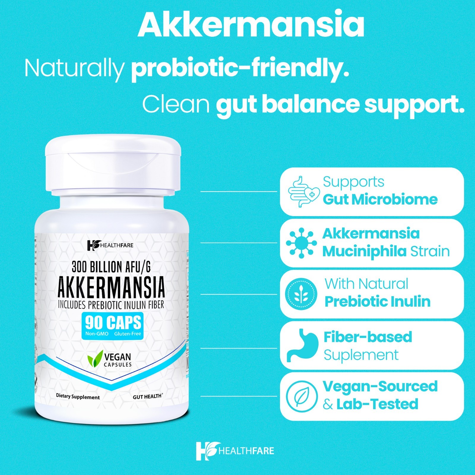 Healthfare Akkermansia 90 Caps Muciniphila 300 Bi AFU and Prebiotic Fiber Inulin