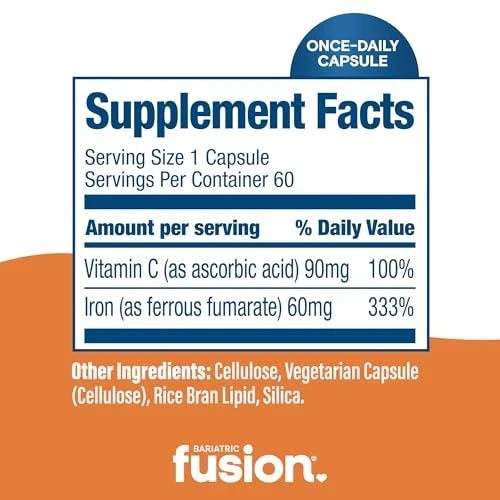 Bariatric Fusion Iron Supplement 60mg with Vitamin C | Easy to Swallow Capsule |