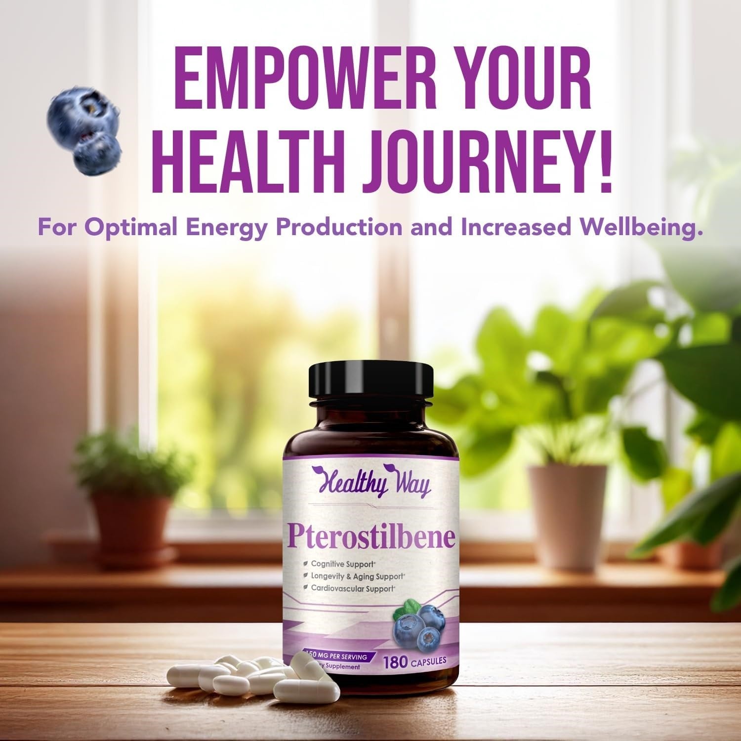 Pterostilbene 150mg Antioxidant for Heart, Brain, Skin & Immune – 180 Capsules