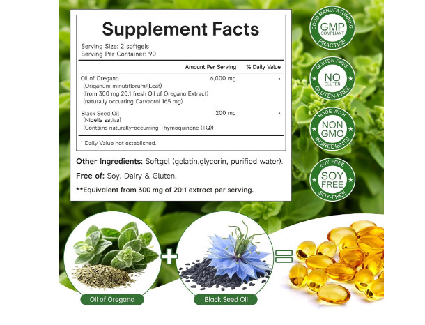 Oil of Oregano 6000mg with Black Seed Oil Softgels – 180 Capsules