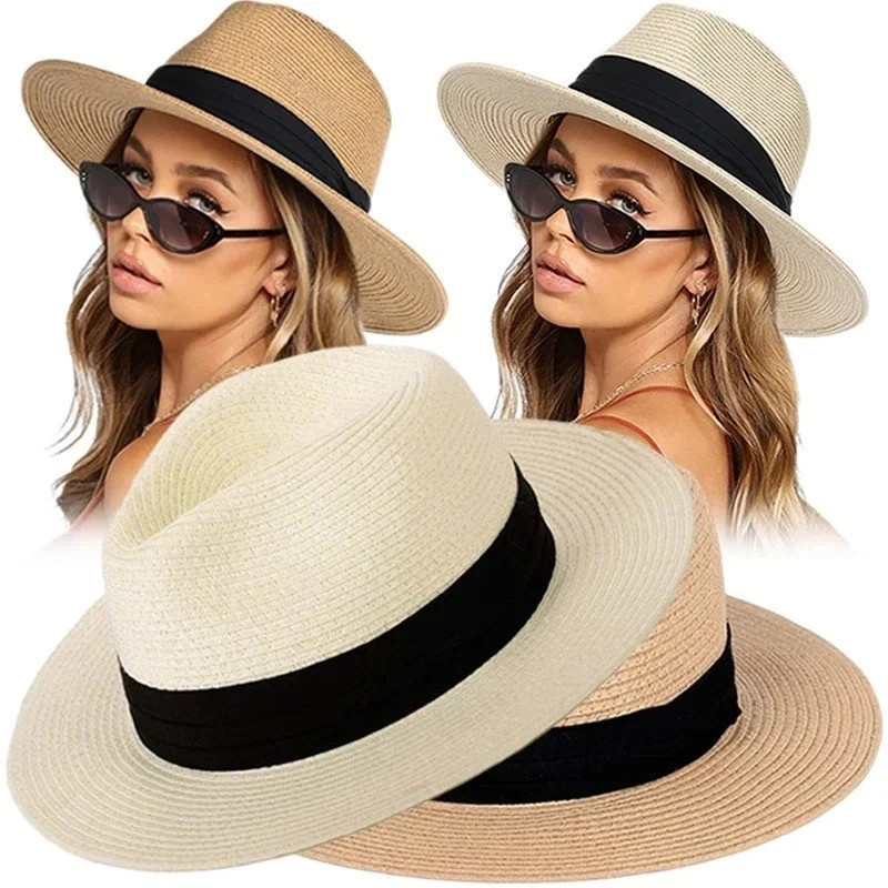 Unisex Panama Straw Hats for Women Men Summer Outdoor Beach Sun Hat Wide Brim Fo