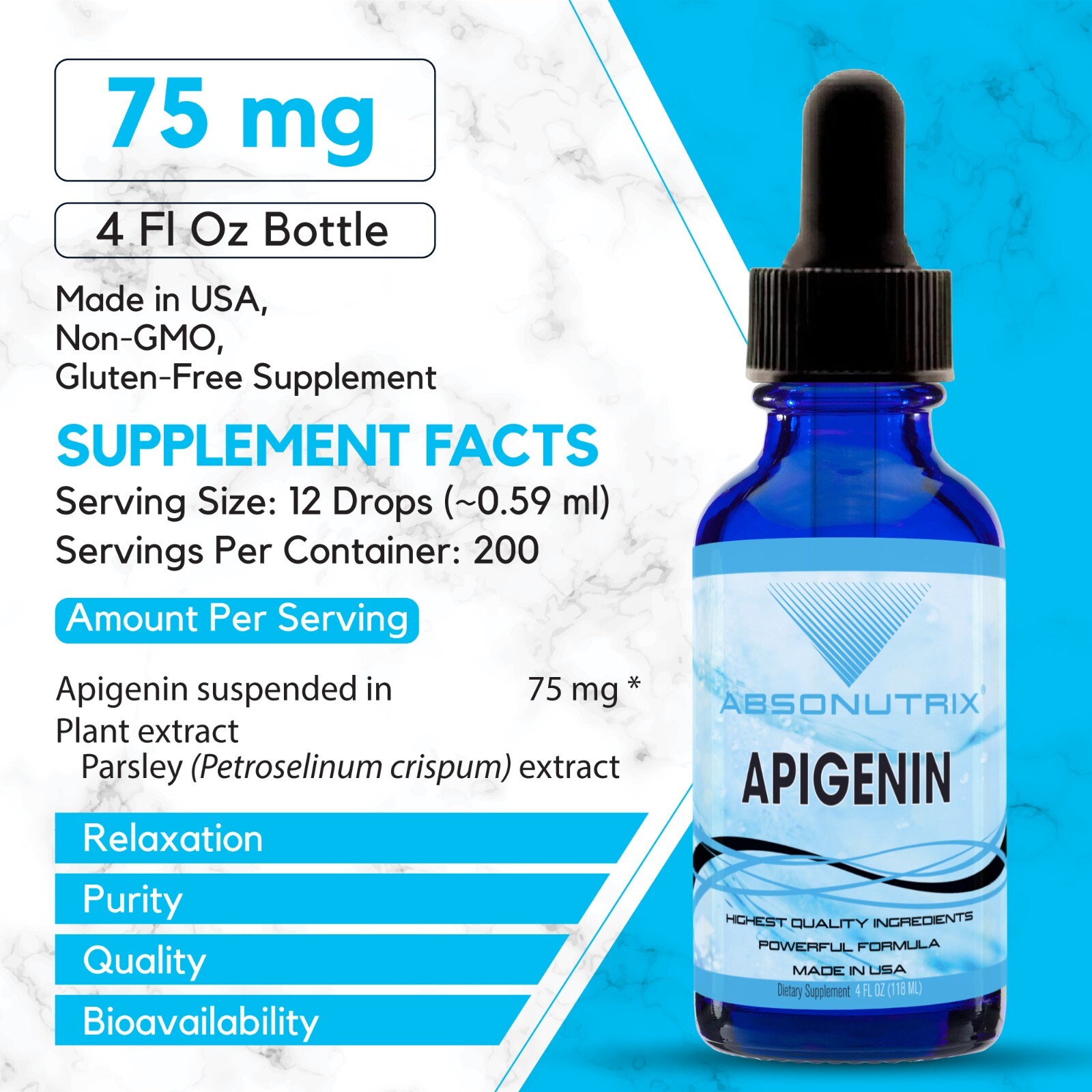 Absonutrix Apigenin 75 mg per Serving, 4 Fl Oz Bottle, 200 Potent Servings