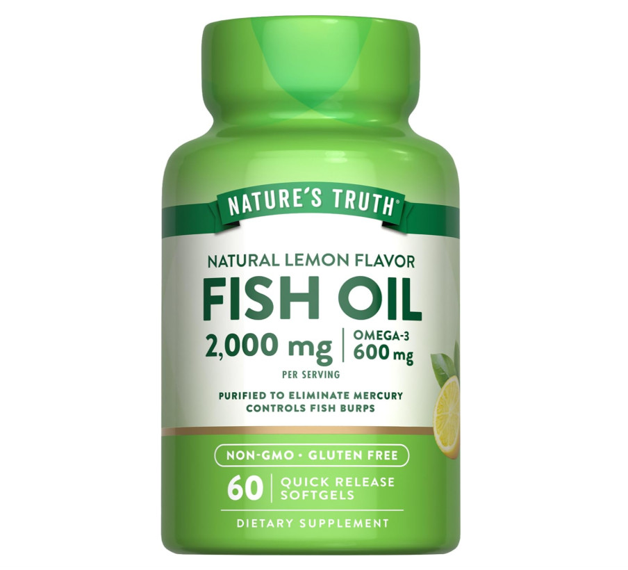Fish Oil Omega 3 Supplement 2000mg 60 Softgels Lemon Flavor EPA DHA Non-GMO Glut