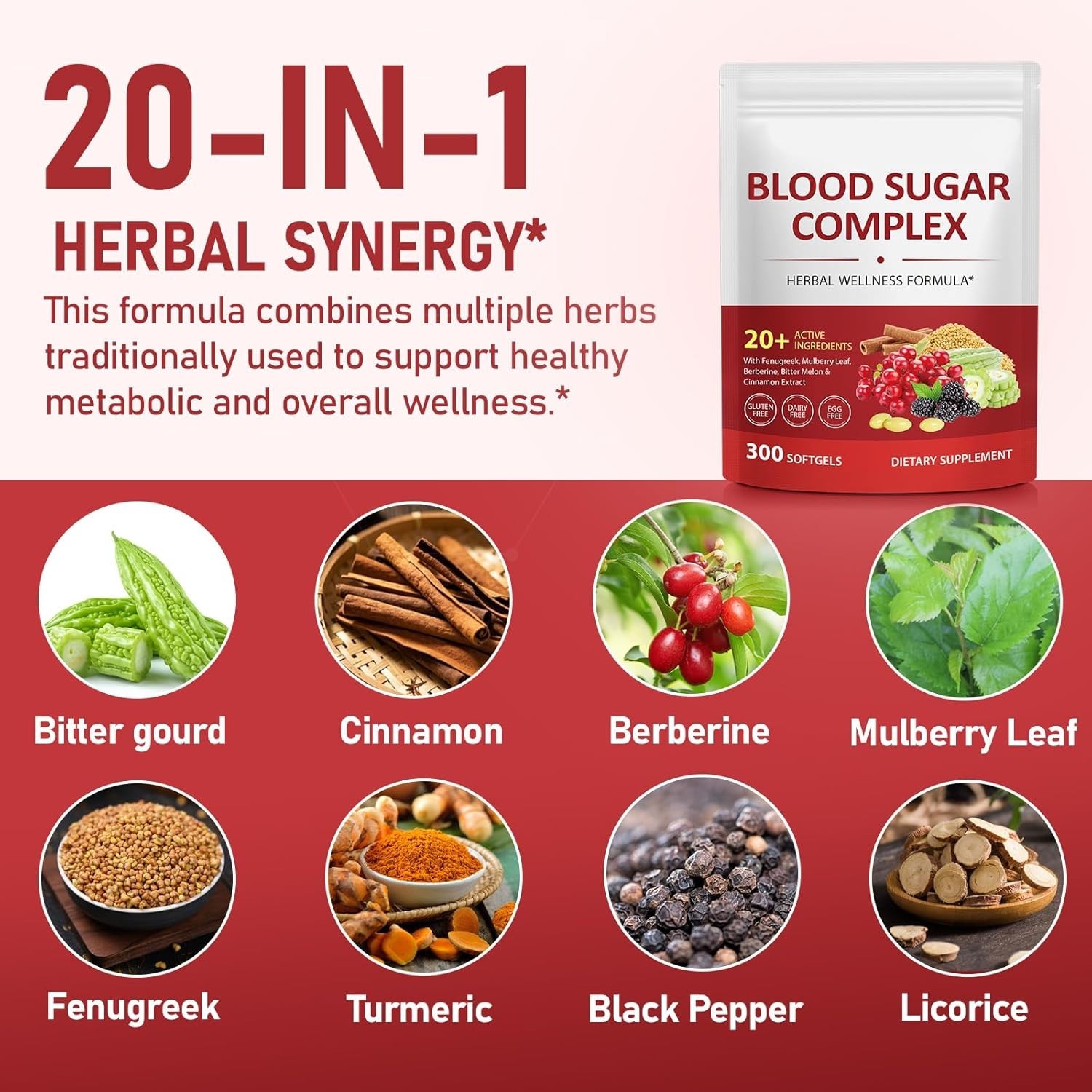 Blood Sugar Complex Supplement – 300 Softgels with 20+ Natural Ingredients