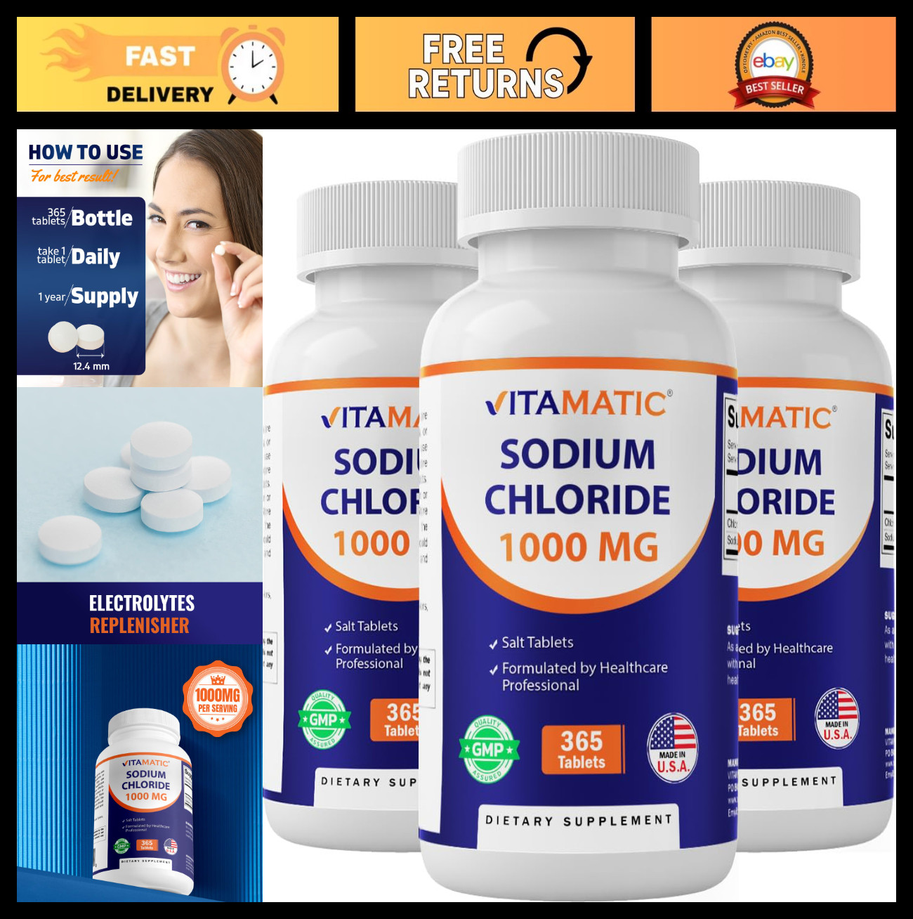 Electrolyte Replenisher Sodium Chloride 1000mg – 365 Tablets, Hydration Support