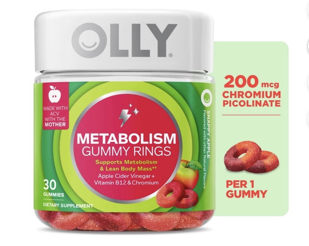 OLLY Metabolism Gummy Rings Apple Cider Vinegar, Vitamin B12, Chromium 30 Count.