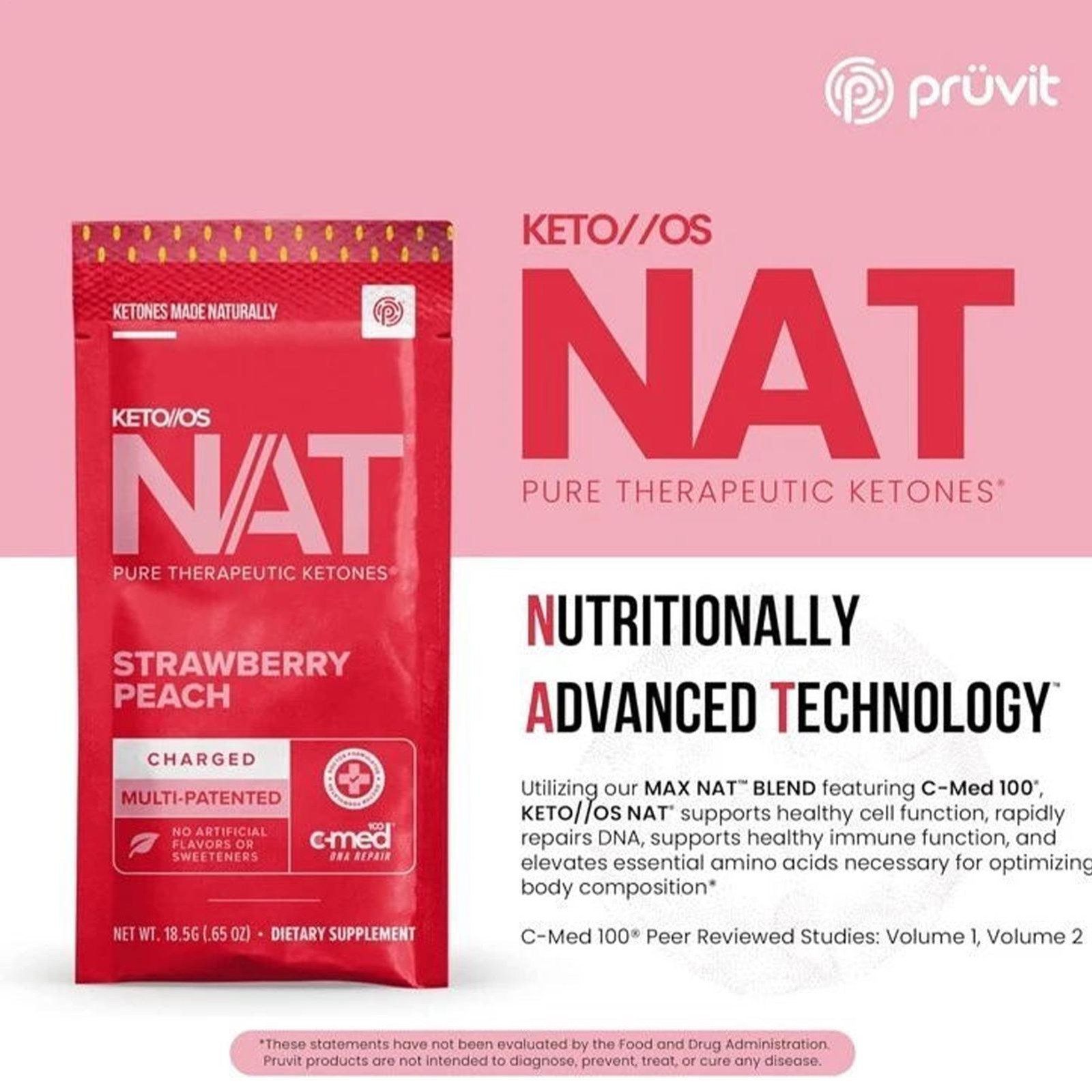 PRUVIT Ketone Drink Keto Nat STRAWBERRY PEACH Charged 20 Pack